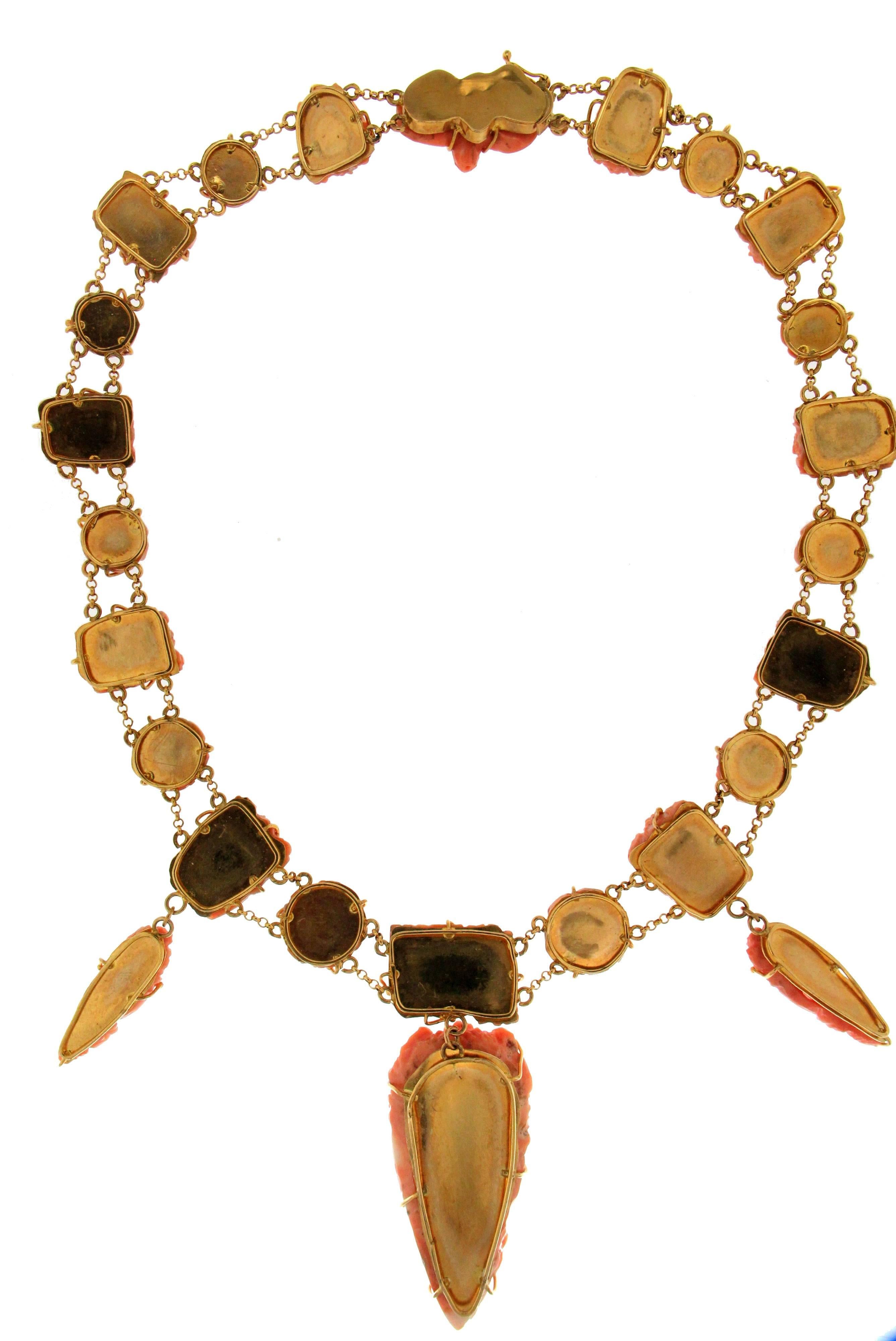 Mixed Cut Handcraft Coral 9 Karat Yellow Gold Drop Necklace For Sale