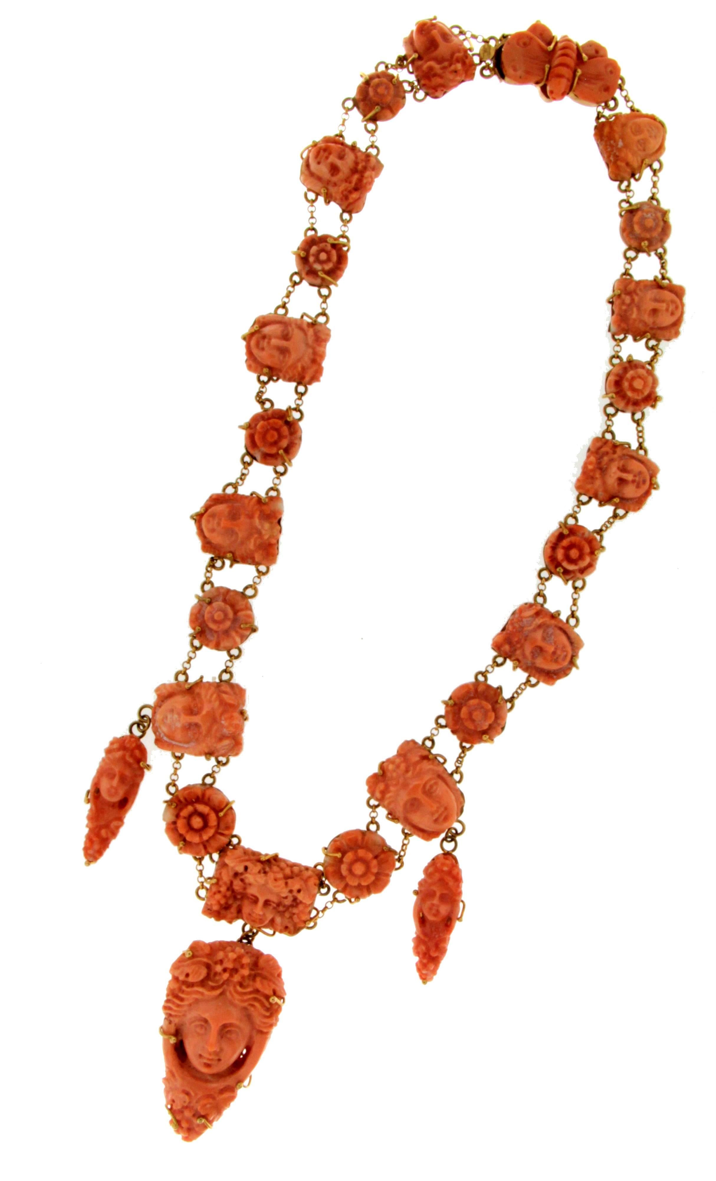 Women's or Men's Handcraft Coral 9 Karat Yellow Gold Drop Necklace For Sale