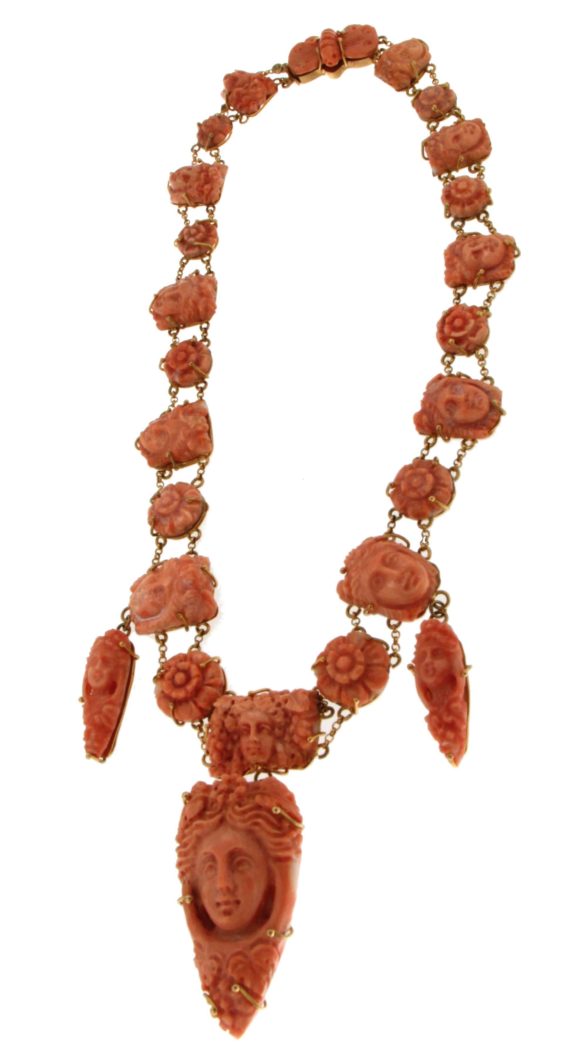 Handcraft Coral 9 Karat Yellow Gold Drop Necklace For Sale 1