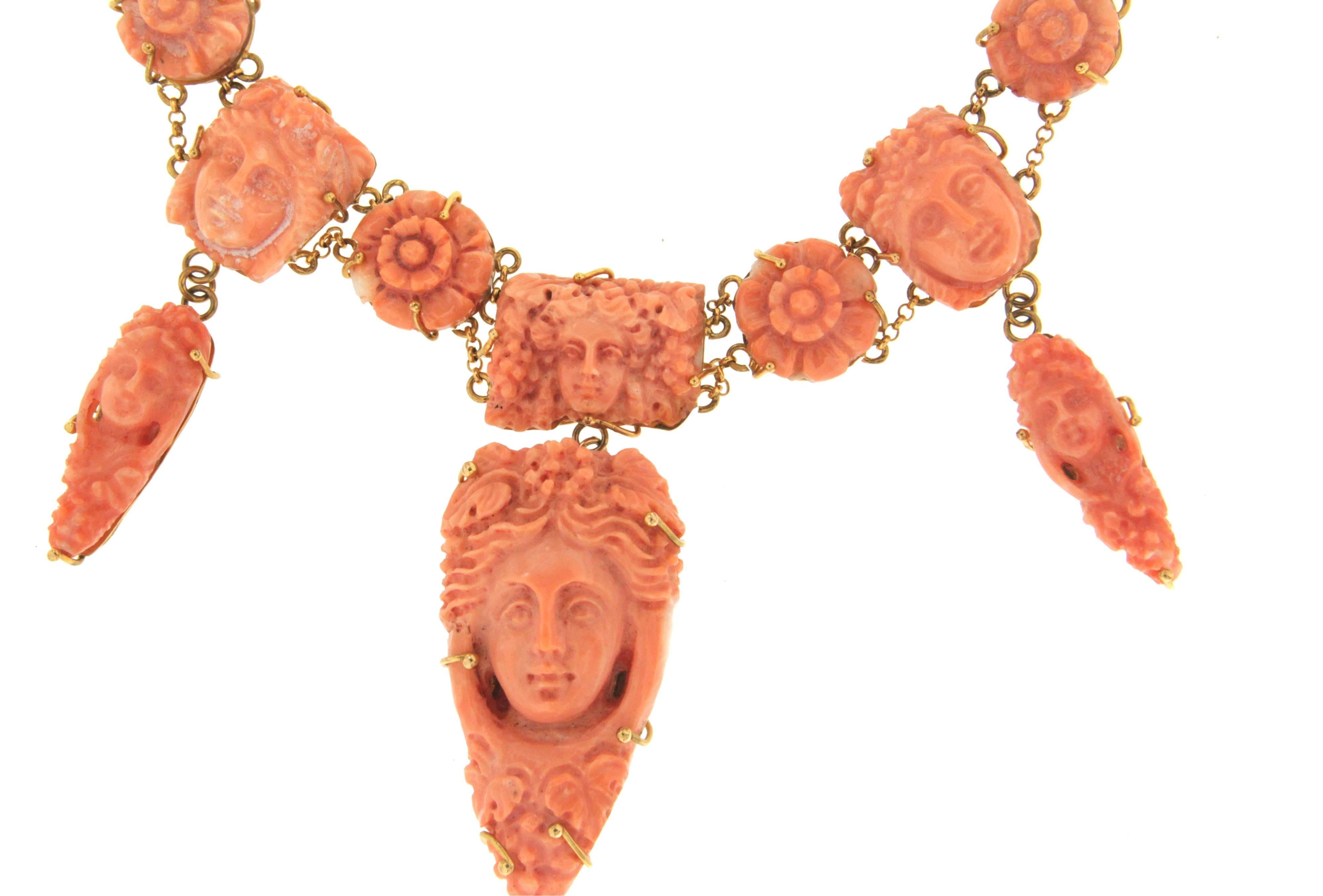 Handcraft Coral 9 Karat Yellow Gold Drop Necklace For Sale 2