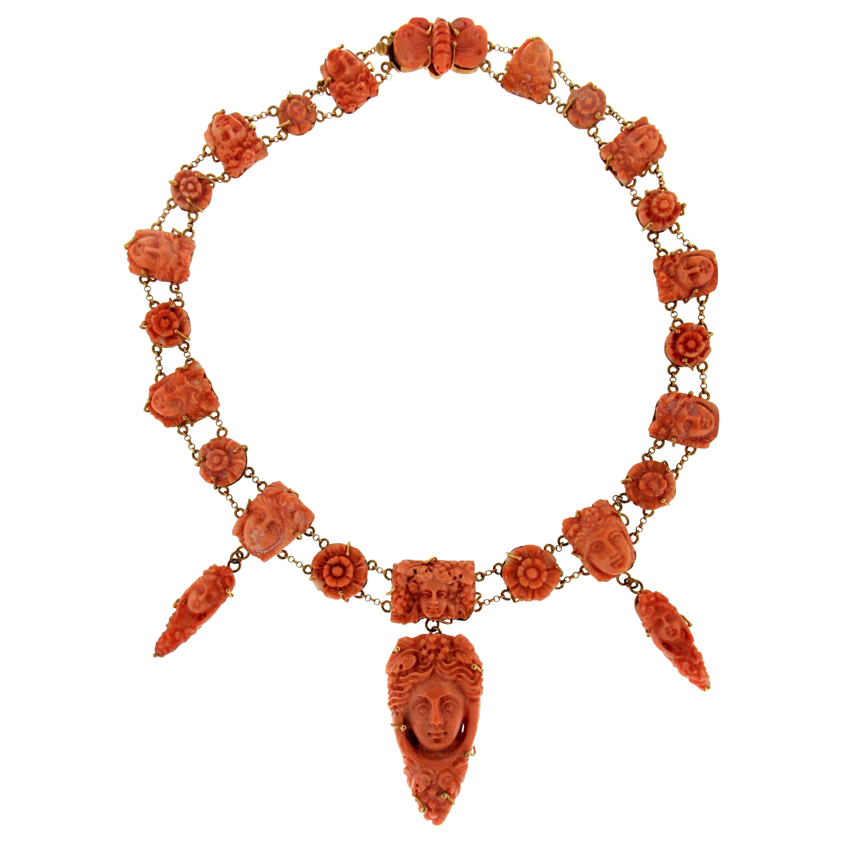 Handgefertigte Koralle 9 Karat Gelbgold Tropfen-Halskette