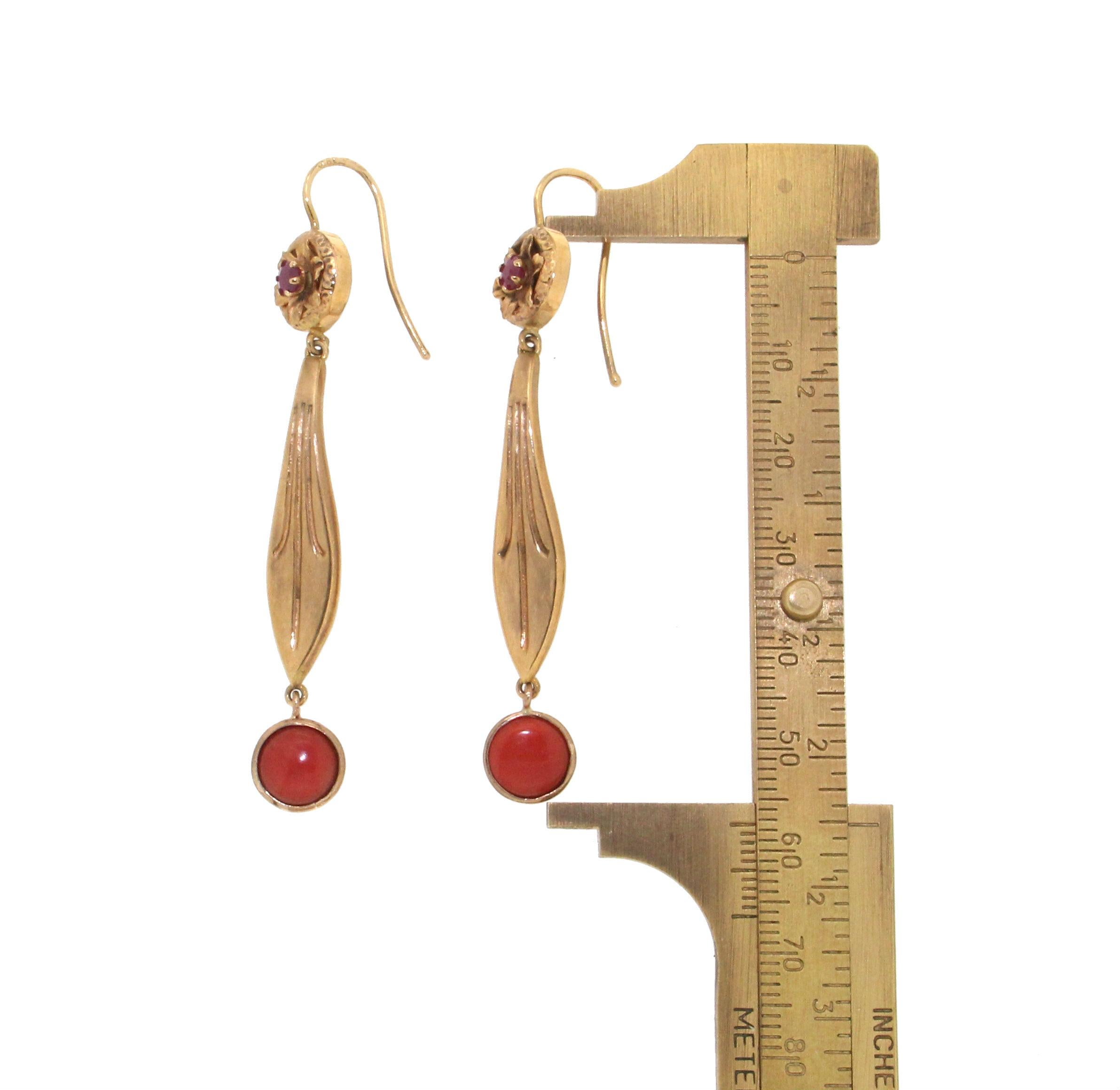 Boucles d'oreilles en goutte en or jaune 9 carats avec corail et rubis, fabrication artisanale Neuf - En vente à Marcianise, IT