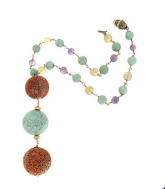 Handcraft Coral 9 Karat Yellow Gold Turquoise Citrine Amethyst Drop Necklace