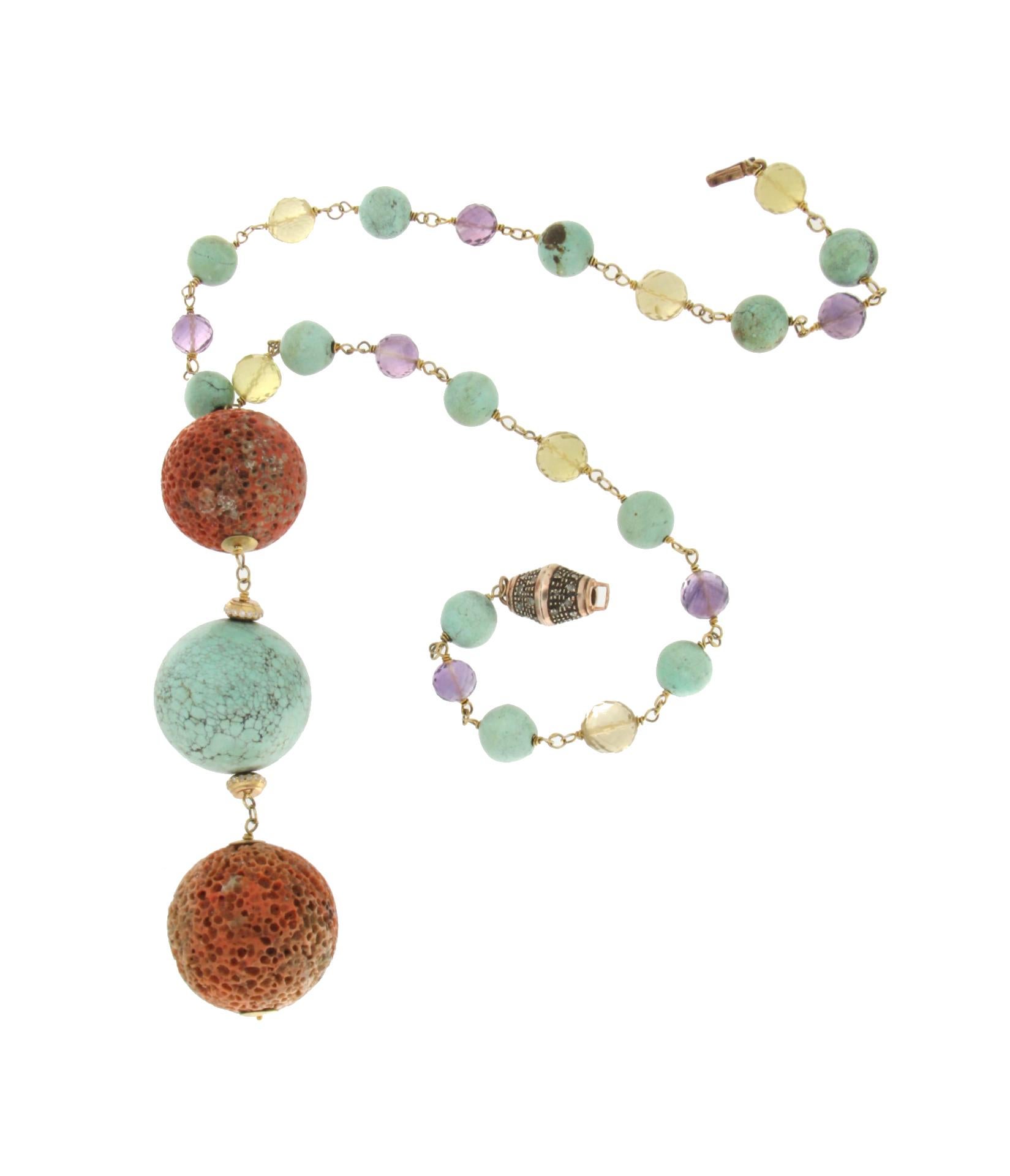 Artisan Handcraft Coral 9 Karat Yellow Gold Turquoise Citrine Amethyst Drop Necklace For Sale