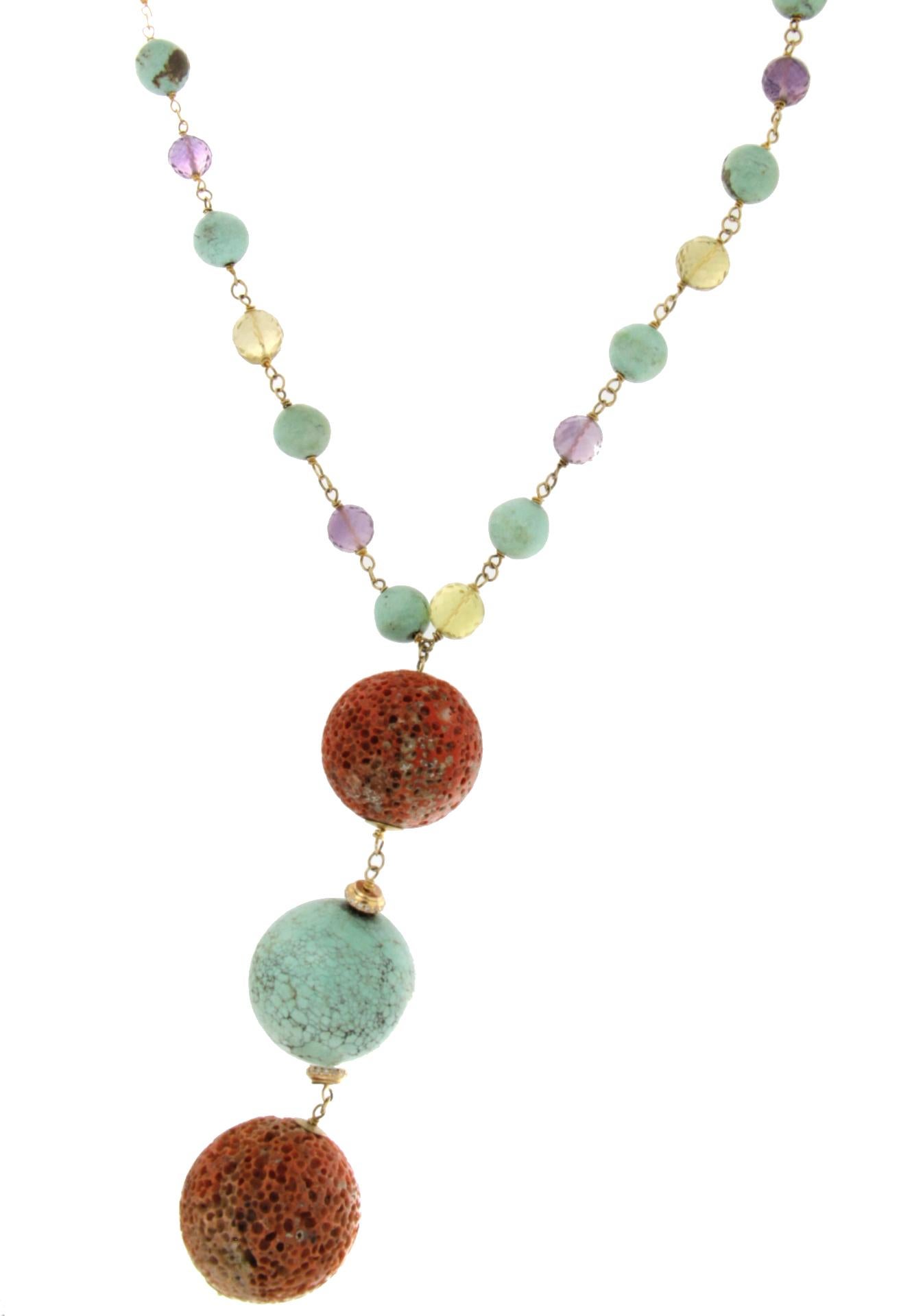 Round Cut Handcraft Coral 9 Karat Yellow Gold Turquoise Citrine Amethyst Drop Necklace For Sale
