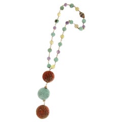 Handcraft Coral 9 Karat Yellow Gold Turquoise Citrine Amethyst Drop Necklace