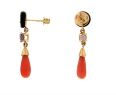 Handcraft Coral and Onyx 18 Karat Yellow Gold Diamonds Amethyst Drop Earrings