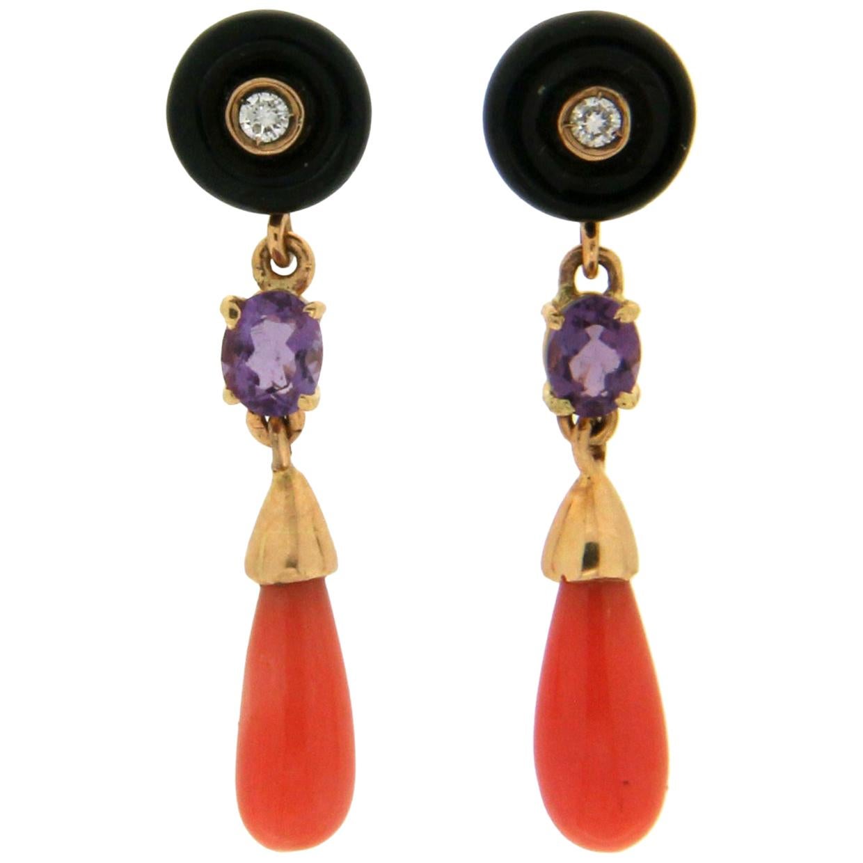 Handcraft Coral and Onyx 18 Karat Yellow Gold Diamonds Amethyst Drop Earrings For Sale