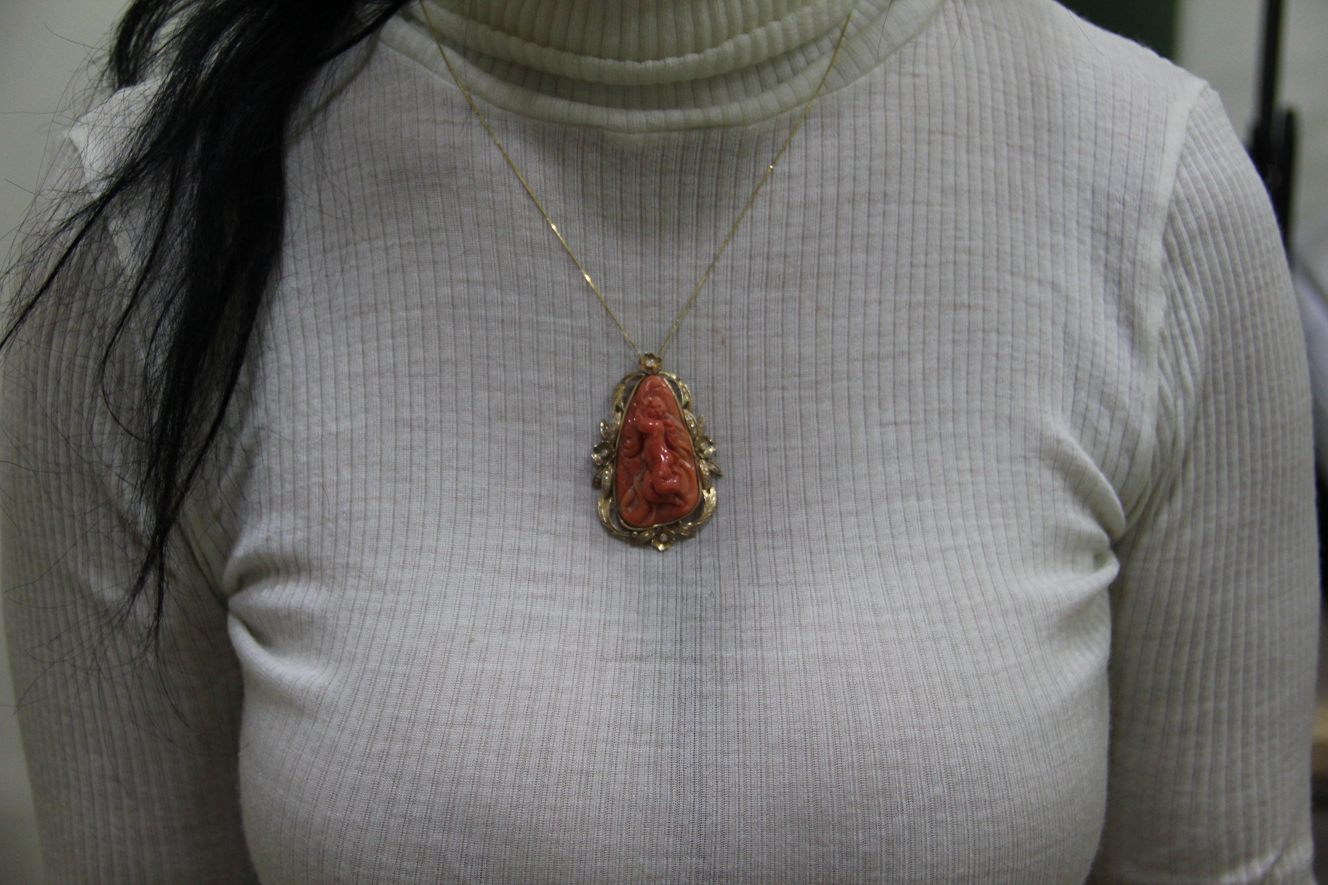 Women's or Men's Handcraft Coral Angel 14 Karat Yellow Gold Diamonds Pendant Necklace For Sale