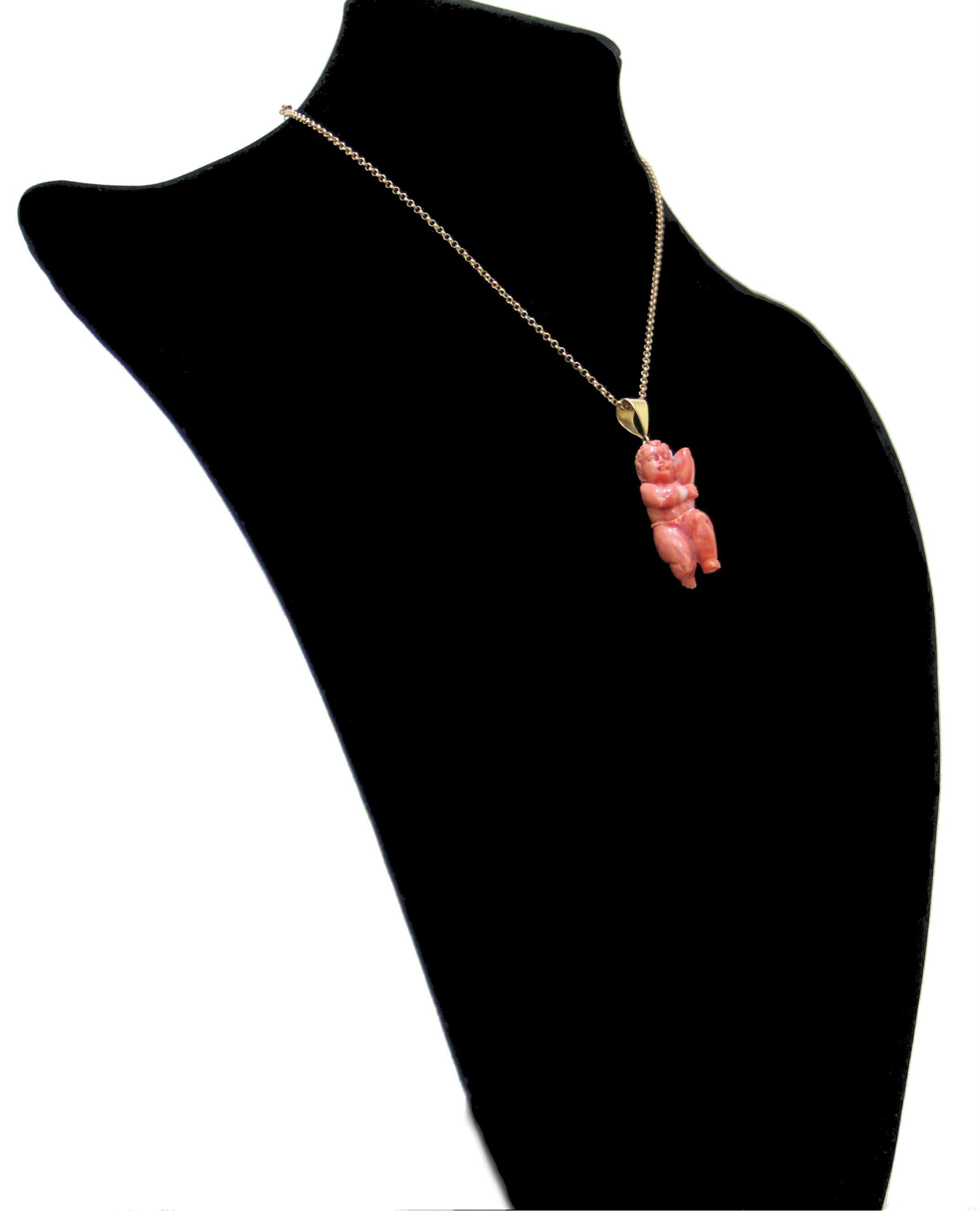 Handcraft Coral Angel 18 Karat Yellow Gold Pendant Necklace For Sale 4