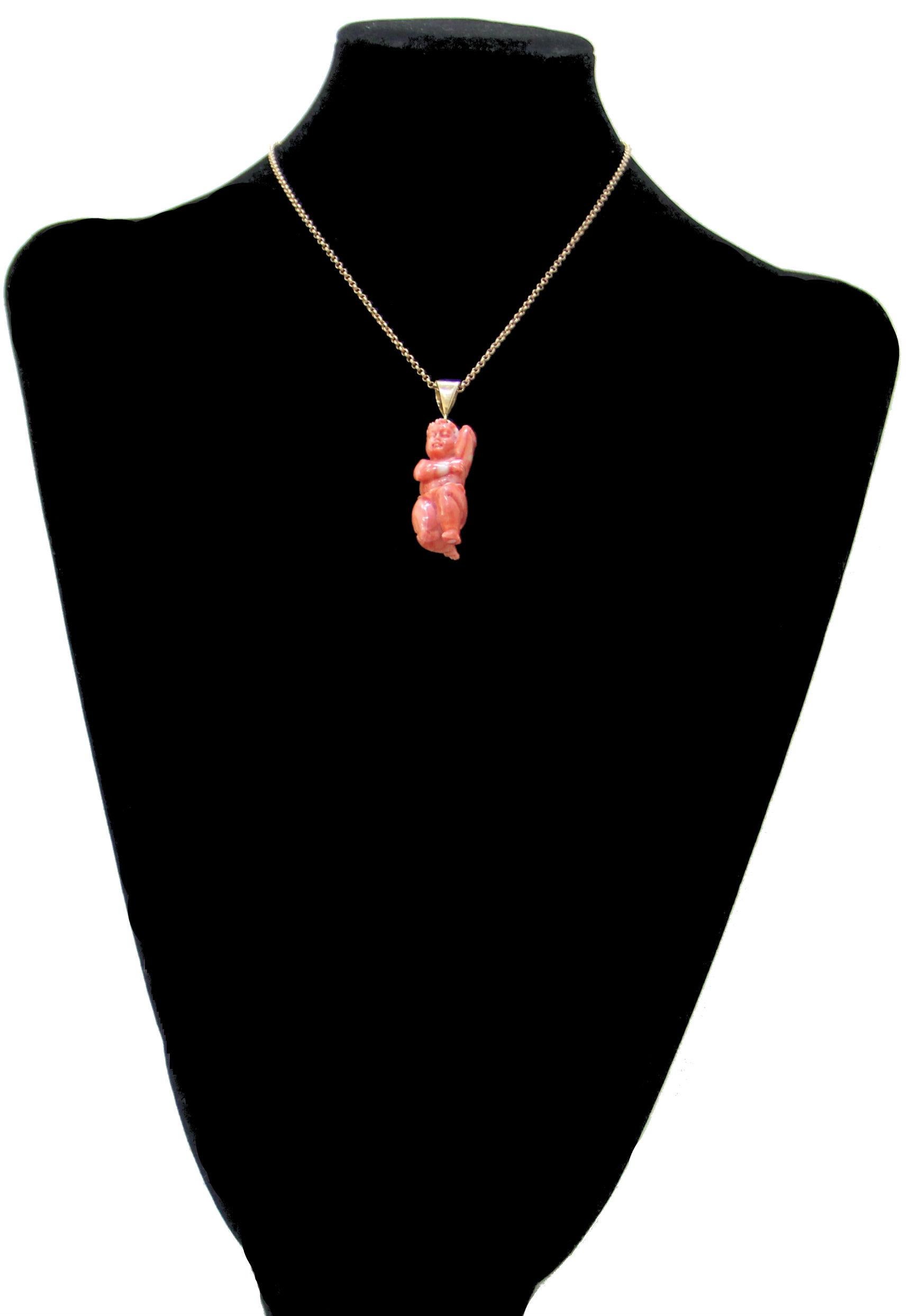 Women's or Men's Handcraft Coral Angel 18 Karat Yellow Gold Pendant Necklace For Sale