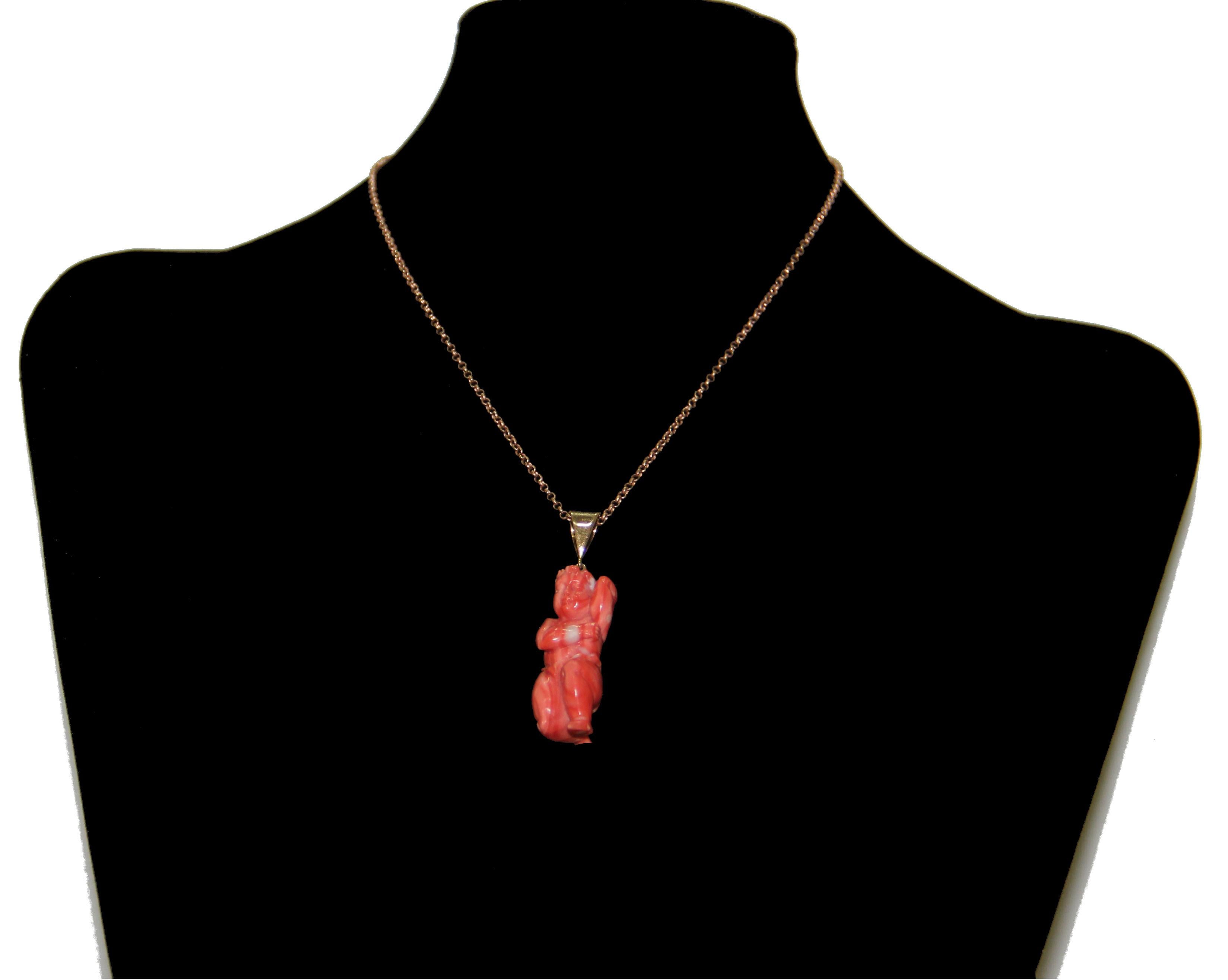 Handcraft Coral Angel 18 Karat Yellow Gold Pendant Necklace For Sale 3