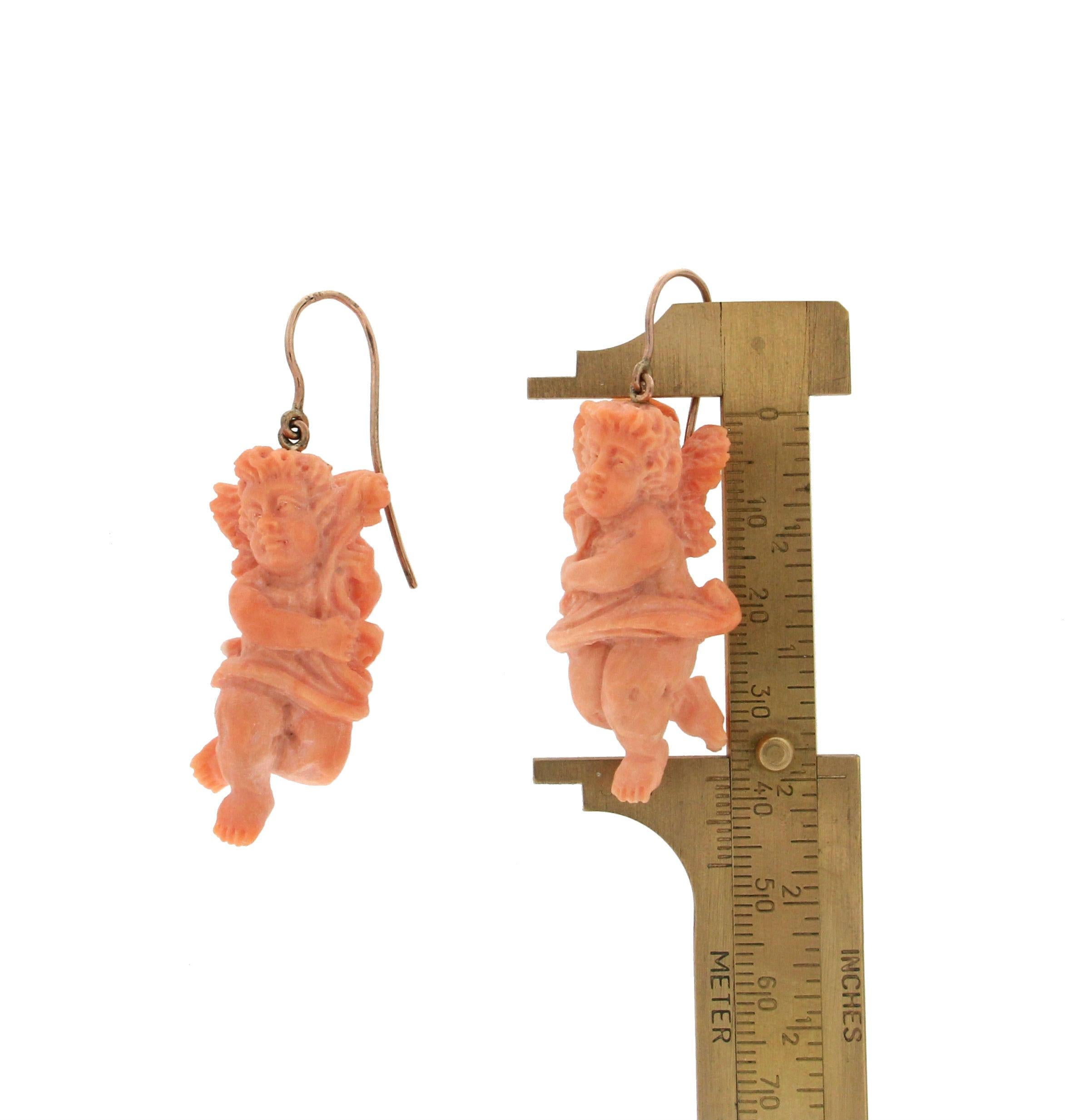 Uncut Handcraft Coral Angel 9 Karat Yellow Gold Drop Earrings For Sale