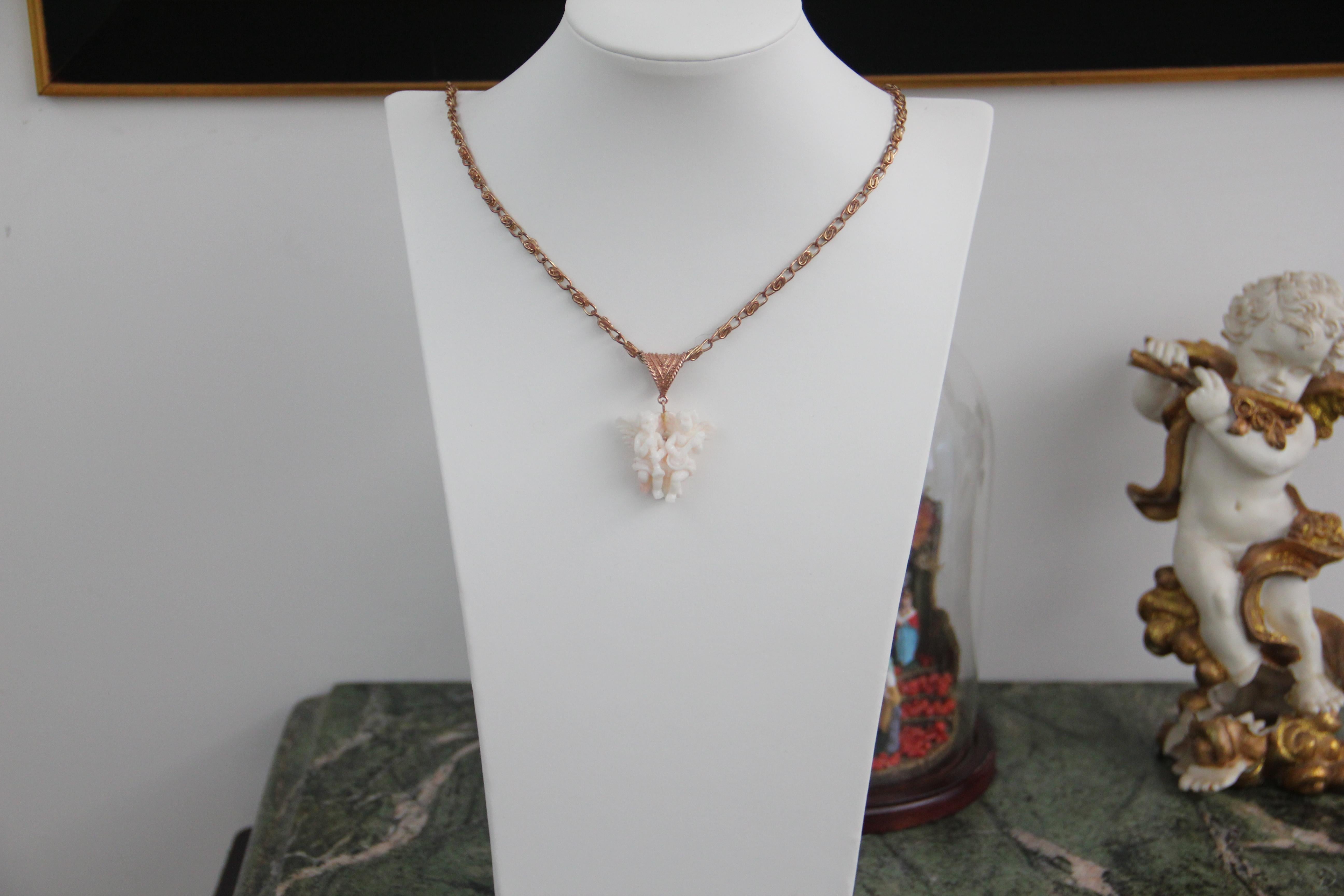 Uncut Handcraft Coral Angel 925 Karat Yellow Silver Pendant Necklace For Sale