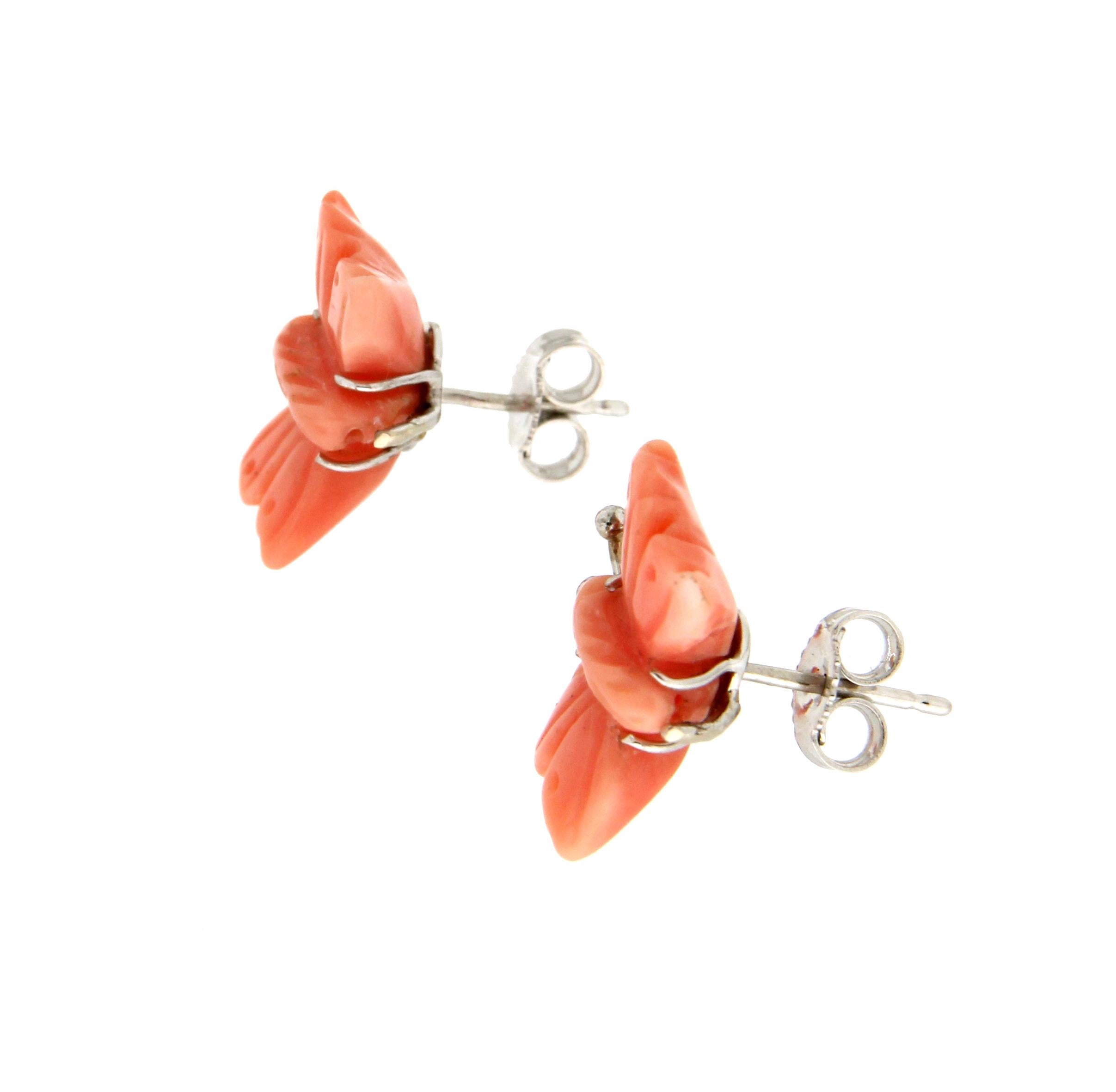 Artisan Handcraft Coral Butterfly 18 Karat White Gold Stud Earrings For Sale