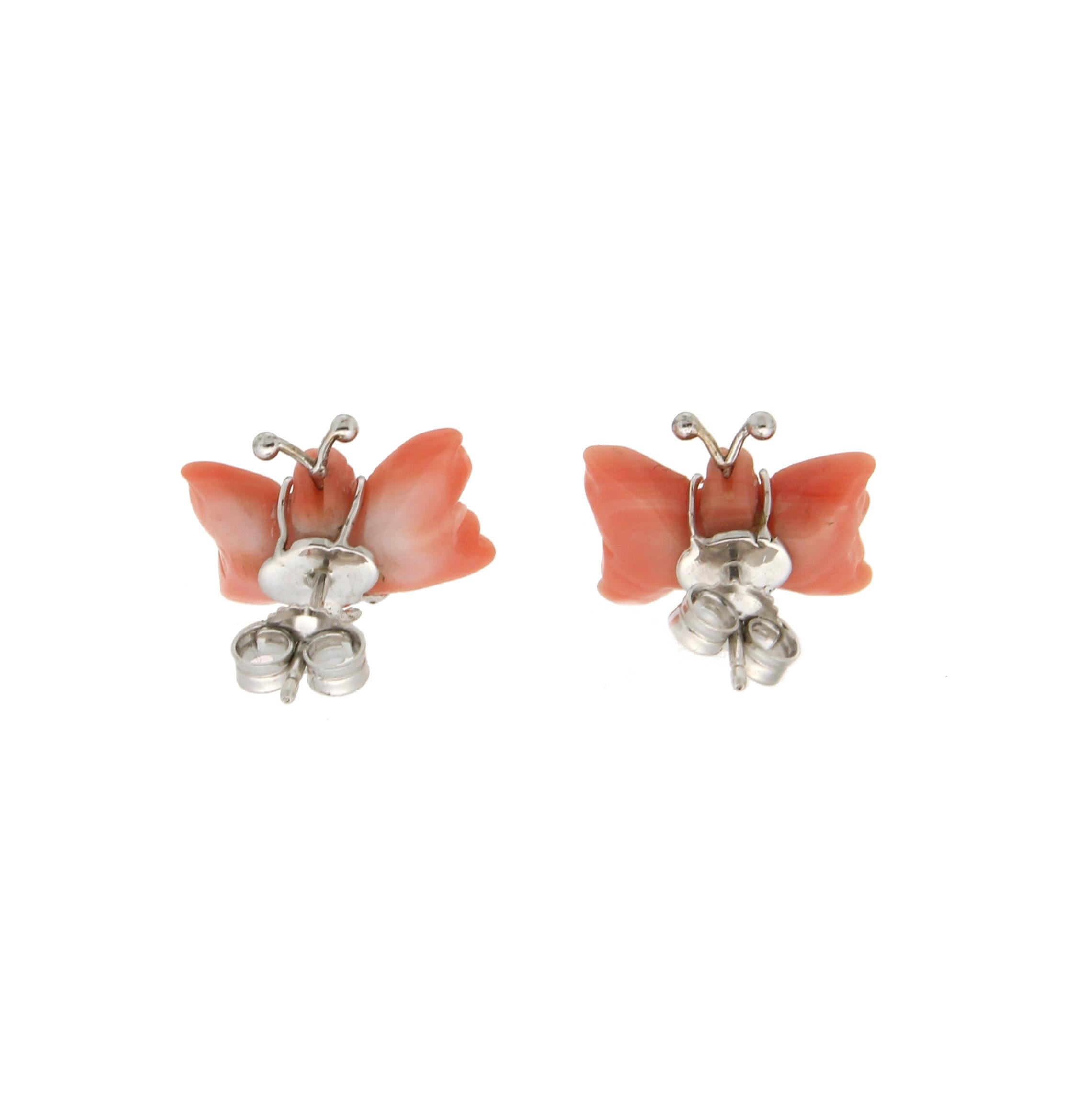 Mixed Cut Handcraft Coral Butterfly 18 Karat White Gold Stud Earrings For Sale