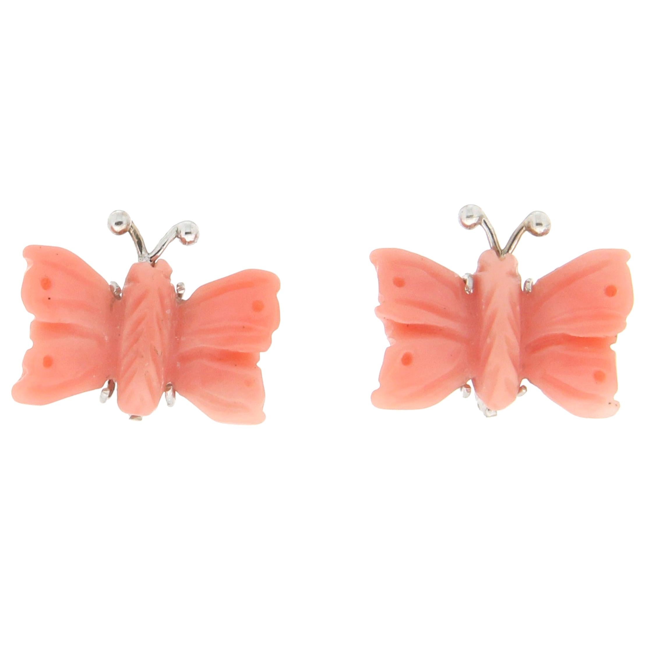 Handcraft Coral Butterfly 18 Karat White Gold Stud Earrings For Sale