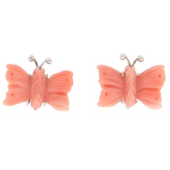 Handcraft Coral Butterfly 18 Karat White Gold Stud Earrings