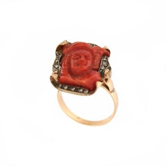 Handcraft Coral Cameo 14 Karat Yellow Gold Diamonds Cocktail Ring