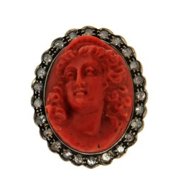 Handcraft Coral Cameo 14 Karat Yellow Gold Diamonds Cocktail Ring