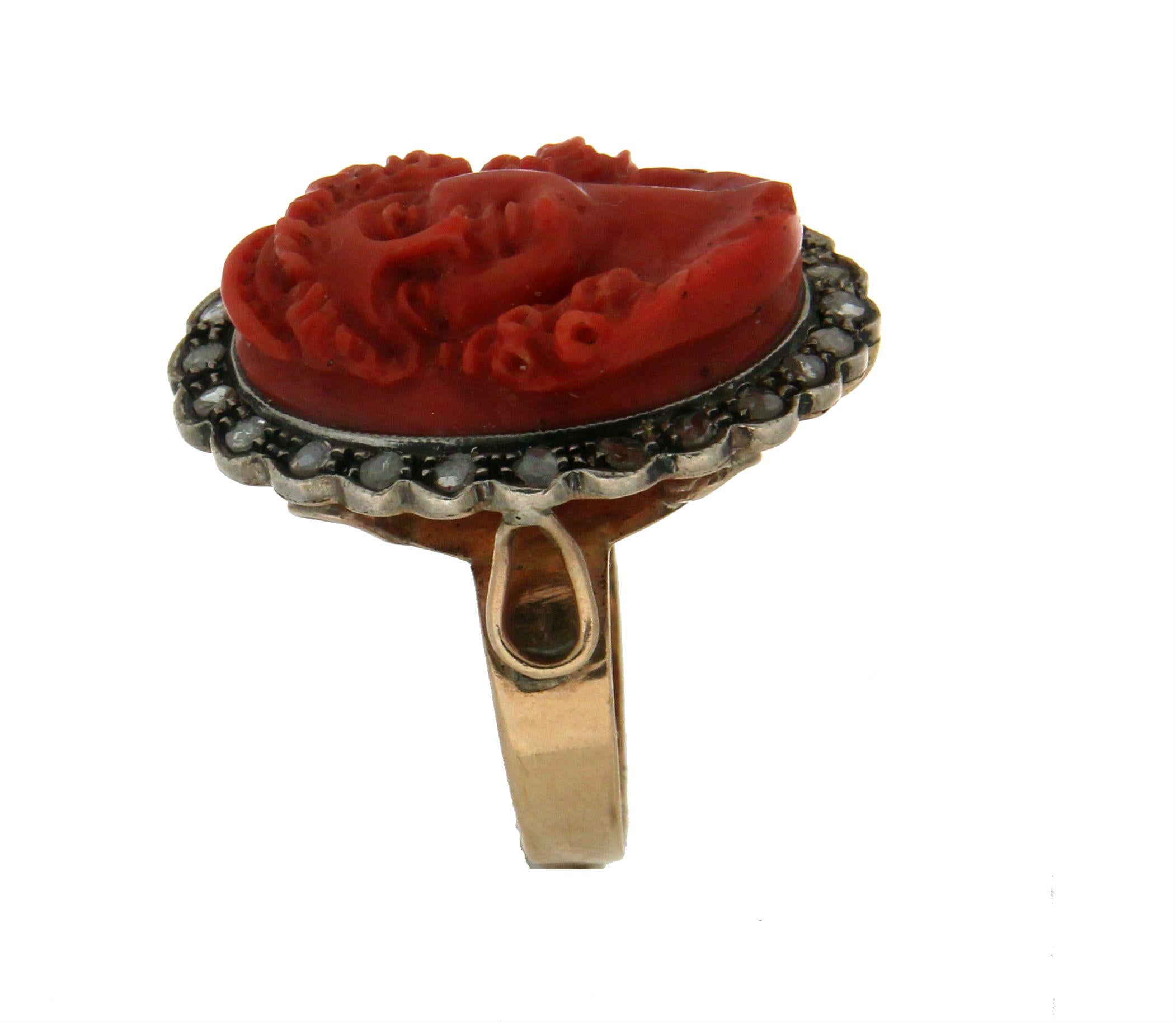 Rose Cut Handcraft Coral Cameo 14 Karat Yellow Gold Diamonds Cocktail Ring For Sale