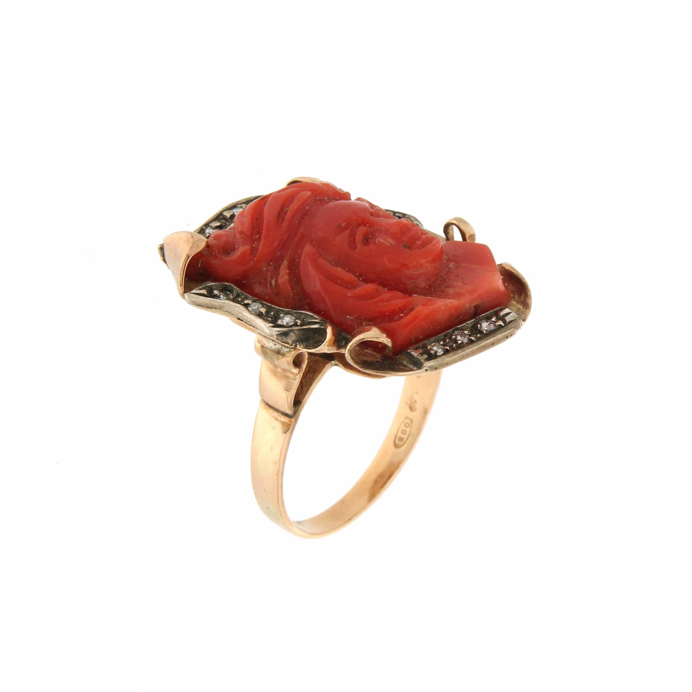 Handcraft Koralle Cameo 14 Karat Gelbgold Diamanten Cocktail Ring Damen im Angebot