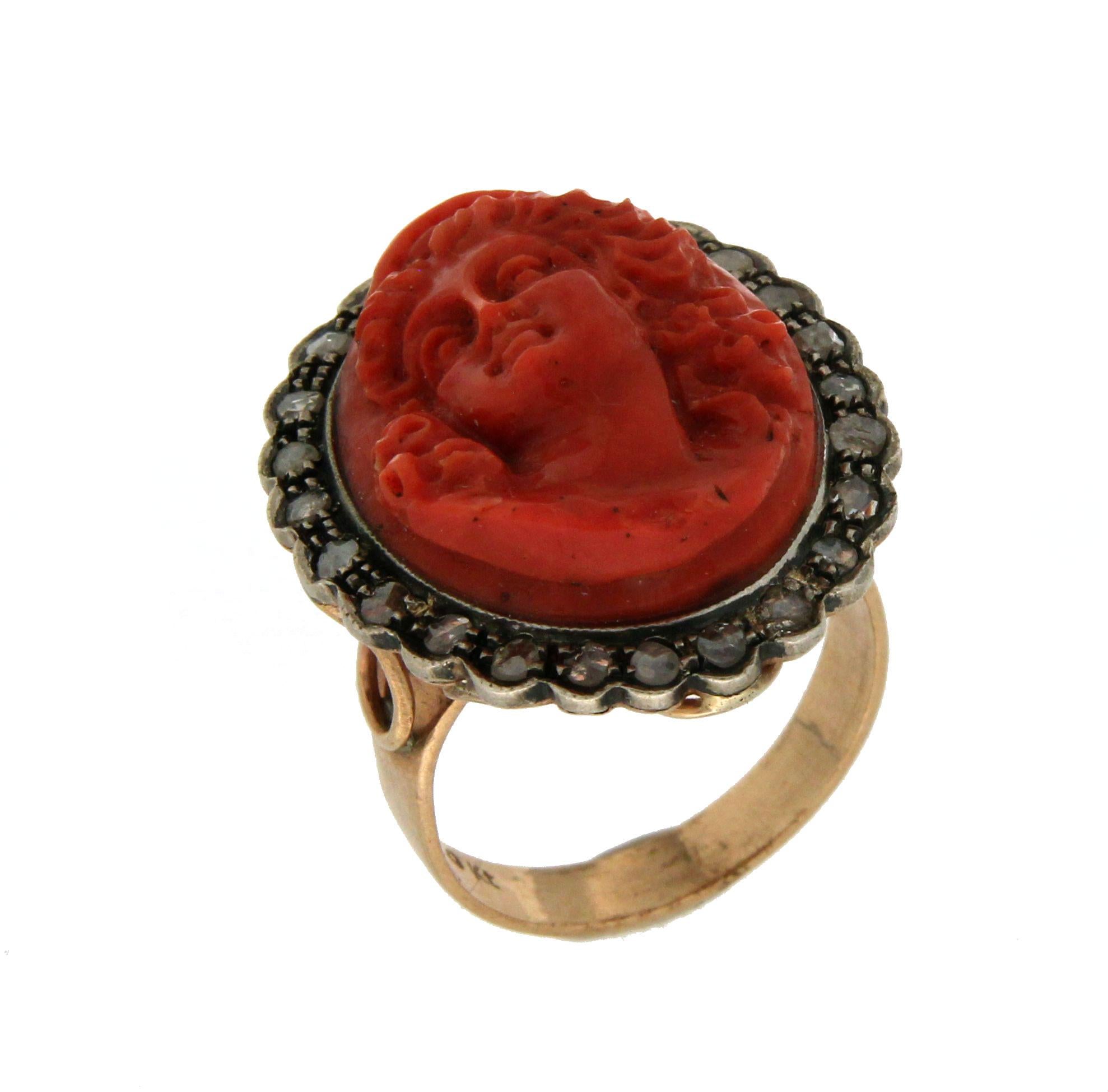 Women's or Men's Handcraft Coral Cameo 14 Karat Yellow Gold Diamonds Cocktail Ring For Sale