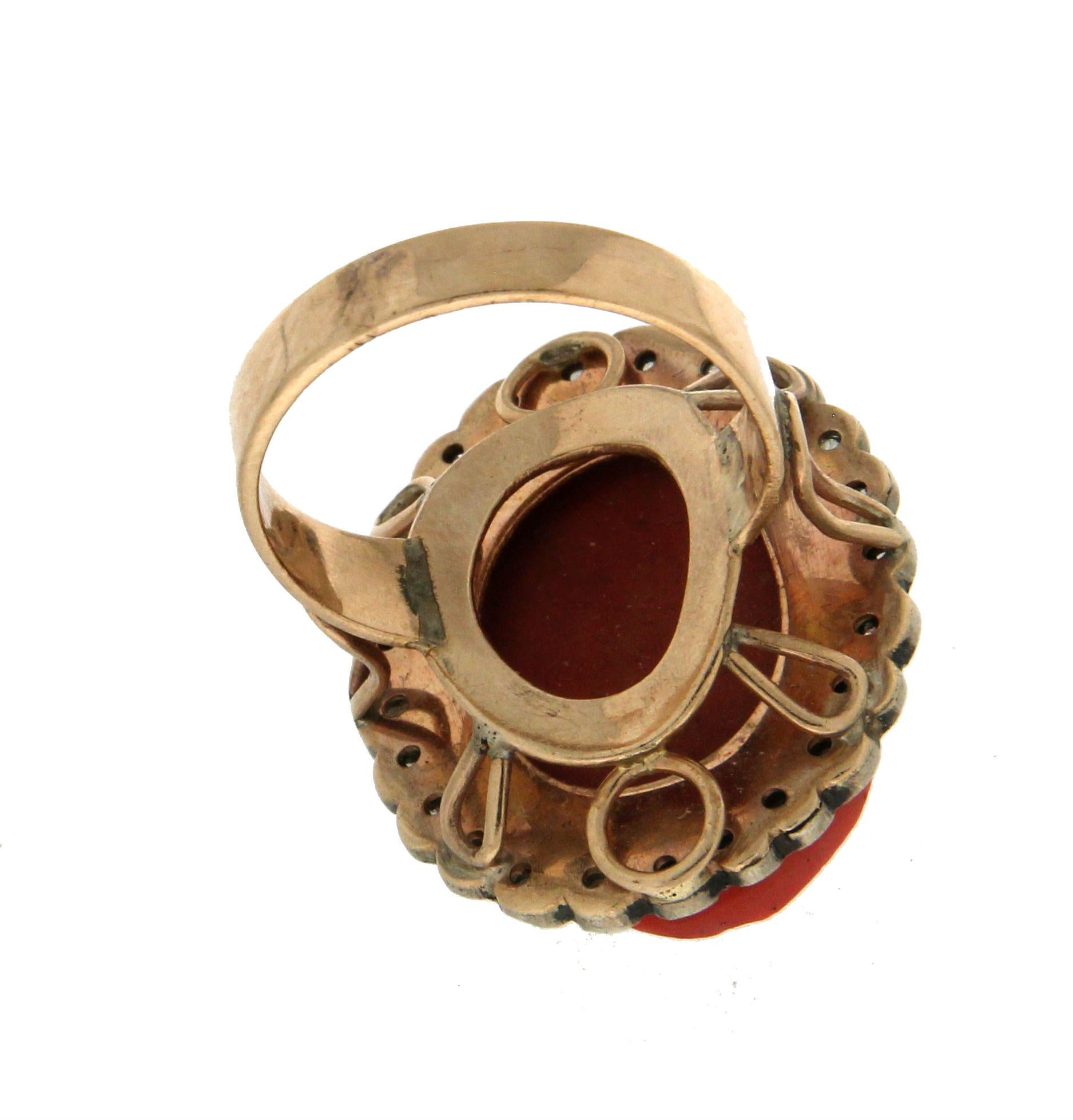 Handcraft Coral Cameo 14 Karat Yellow Gold Diamonds Cocktail Ring For Sale 2