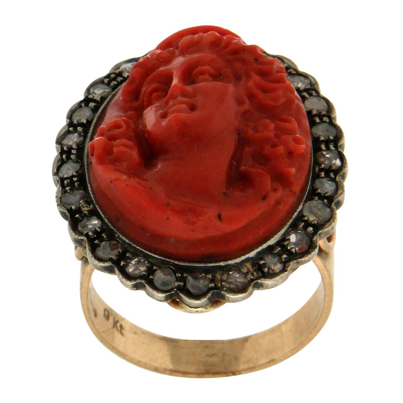 Handcraft Coral Cameo 14 Karat Yellow Gold Diamonds Cocktail Ring For Sale