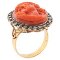 Vintage 9K Rose Cut Diamond Gold 800 Silver Carved Red Coral Cameo Cocktail Ring