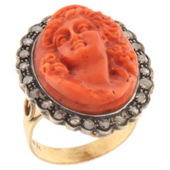 Vintage 9K Rose Cut Diamond Gold 800 Silver Carved Red Coral Cameo Cocktail Ring