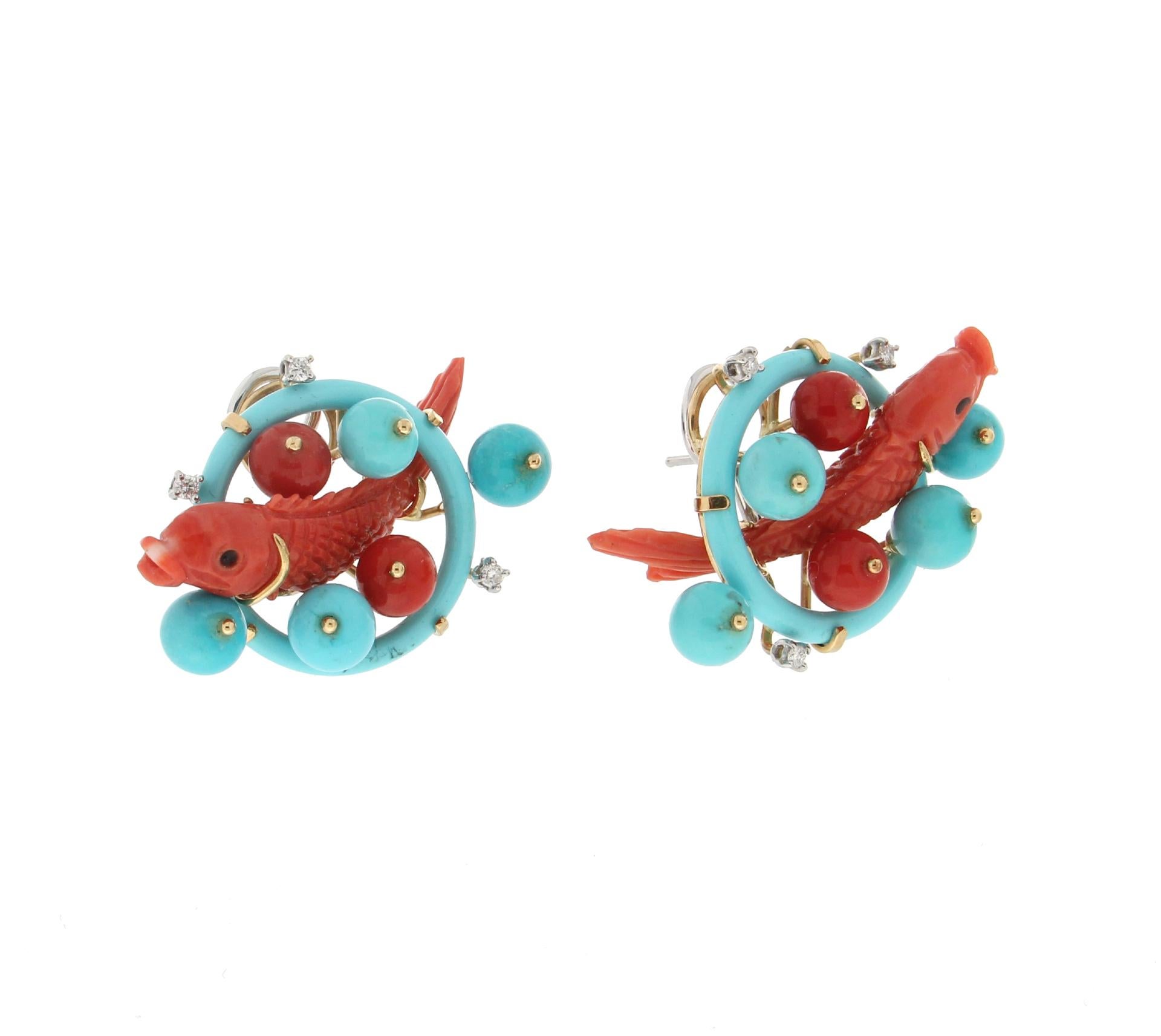 Artisan Handcraft Coral Fish 18 Karat Gold Diamonds Turquoise Stud Earrings