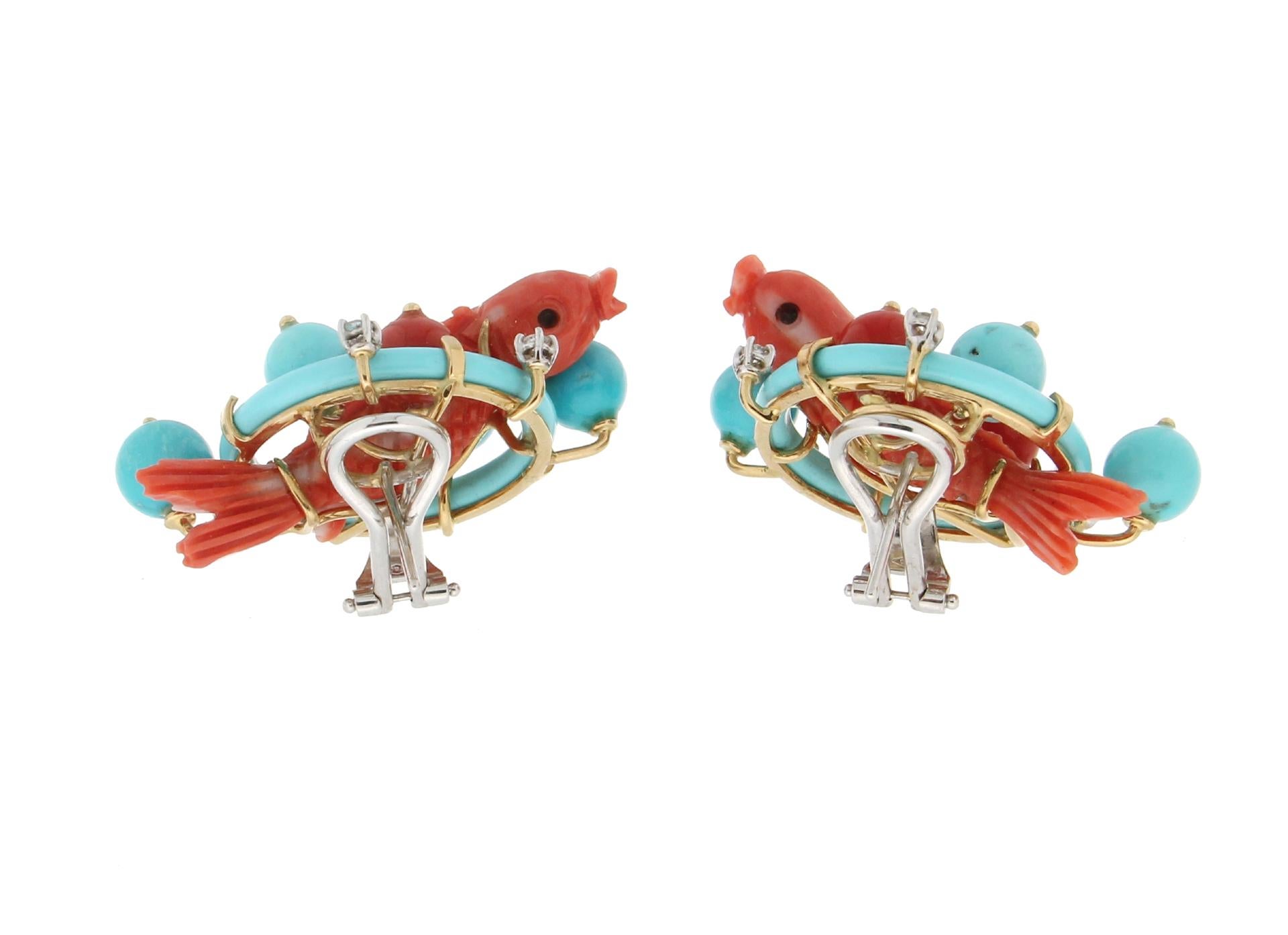 Brilliant Cut Handcraft Coral Fish 18 Karat Gold Diamonds Turquoise Stud Earrings