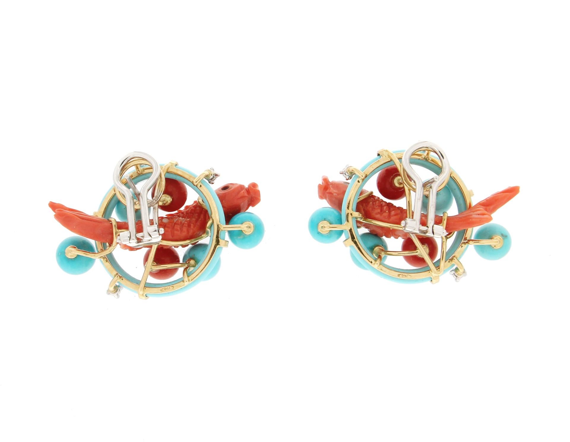 Handcraft Coral Fish 18 Karat Gold Diamonds Turquoise Stud Earrings In New Condition In Marcianise, IT
