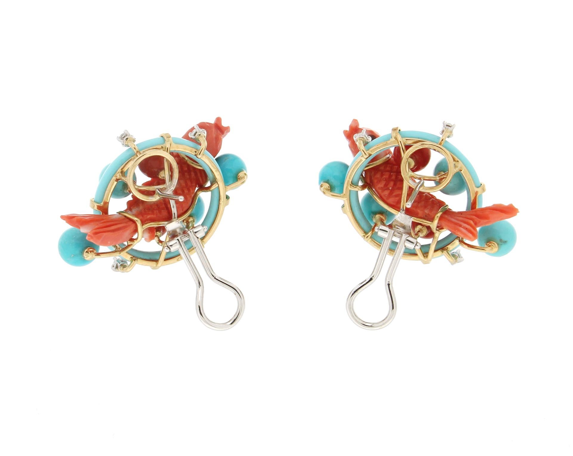 Women's Handcraft Coral Fish 18 Karat Gold Diamonds Turquoise Stud Earrings