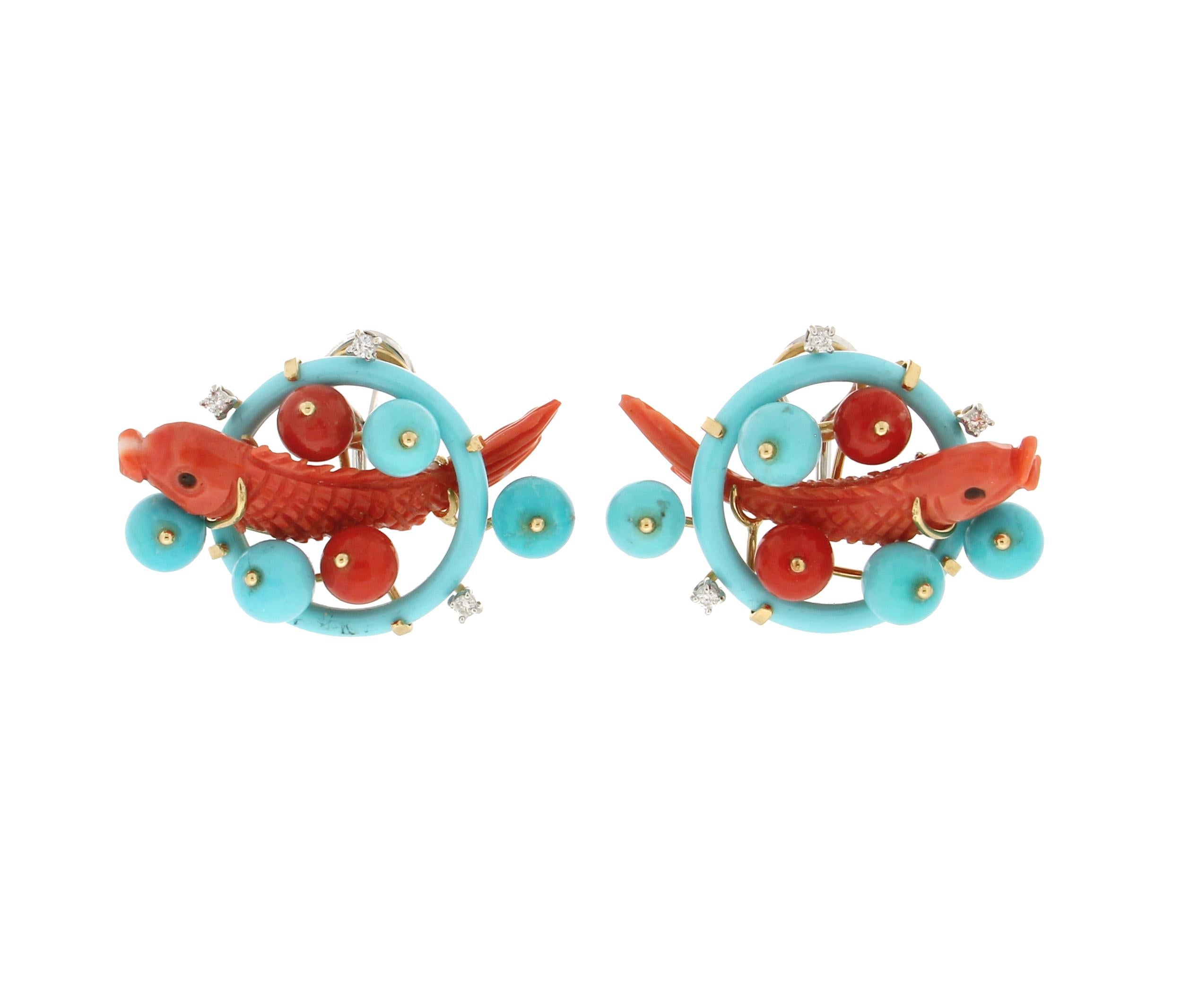 Handcraft Coral Fish 18 Karat Gold Diamonds Turquoise Stud Earrings 1
