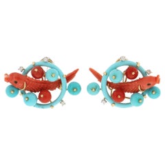Handcraft Coral Fish 18 Karat Gold Diamonds Turquoise Stud Earrings