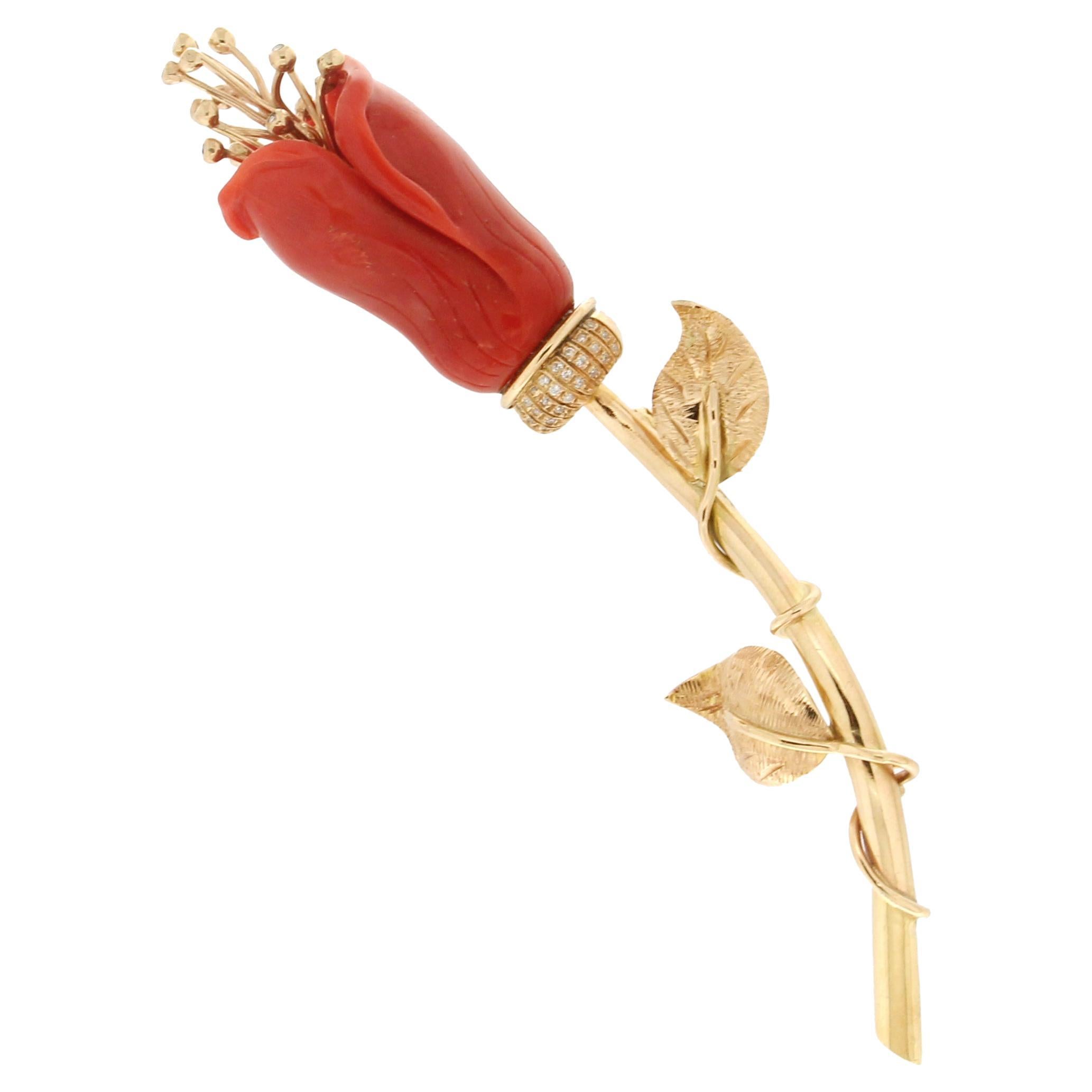 Handcraft Coral Flower 14 Karat Yellow Gold Diamonds Brooch