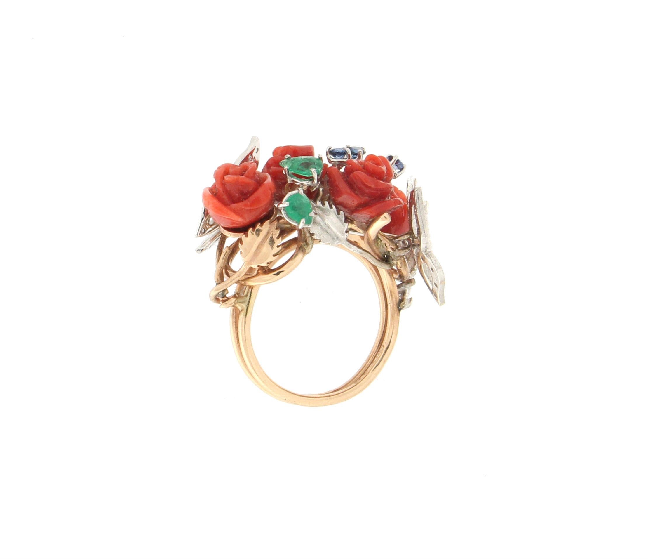 Mixed Cut Handcraft Coral Flowers 14 Karat Gold Diamonds Sapphires Emerald Cocktail Ring