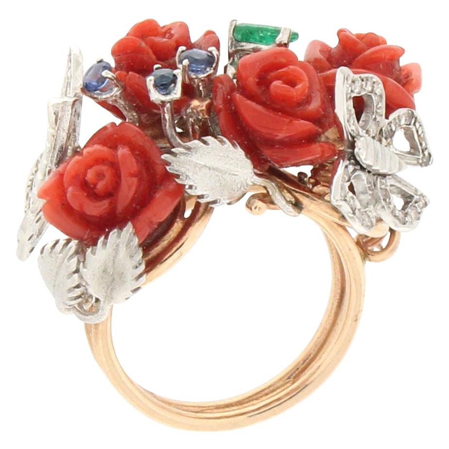 Handcraft Coral Flowers 14 Karat Gold Diamonds Sapphires Emerald Cocktail Ring