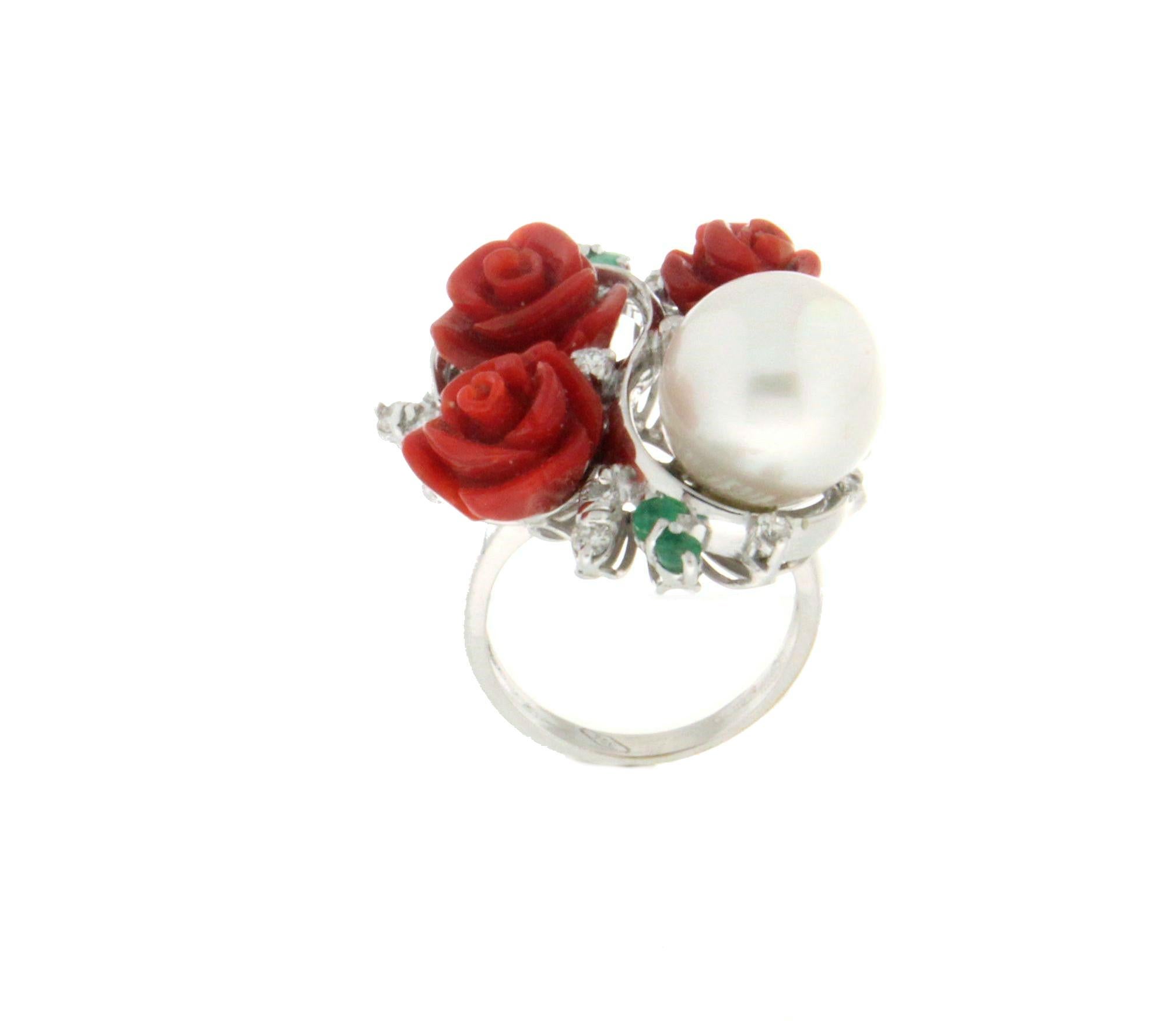 Mixed Cut Handcraft Coral Flowers 18 Karat White Gold Pearl Diamonds Cocktail Ring