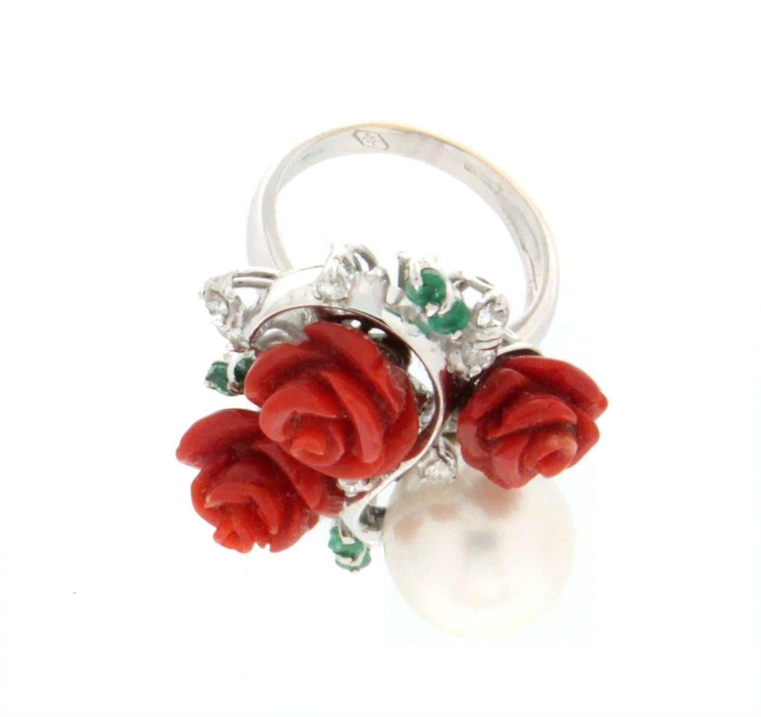 Women's Handcraft Coral Flowers 18 Karat White Gold Pearl Diamonds Cocktail Ring