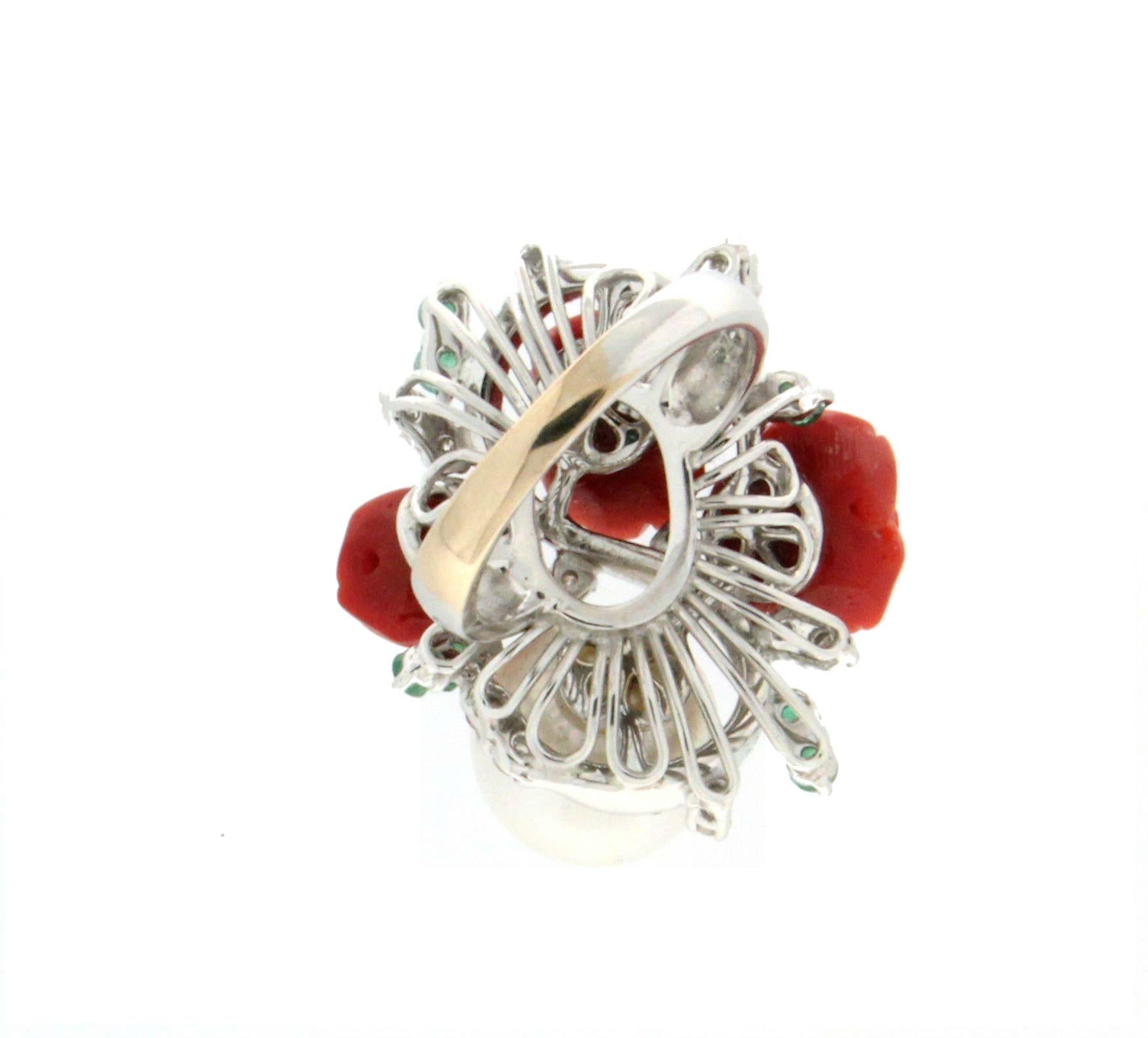 Handcraft Coral Flowers 18 Karat White Gold Pearl Diamonds Cocktail Ring 2