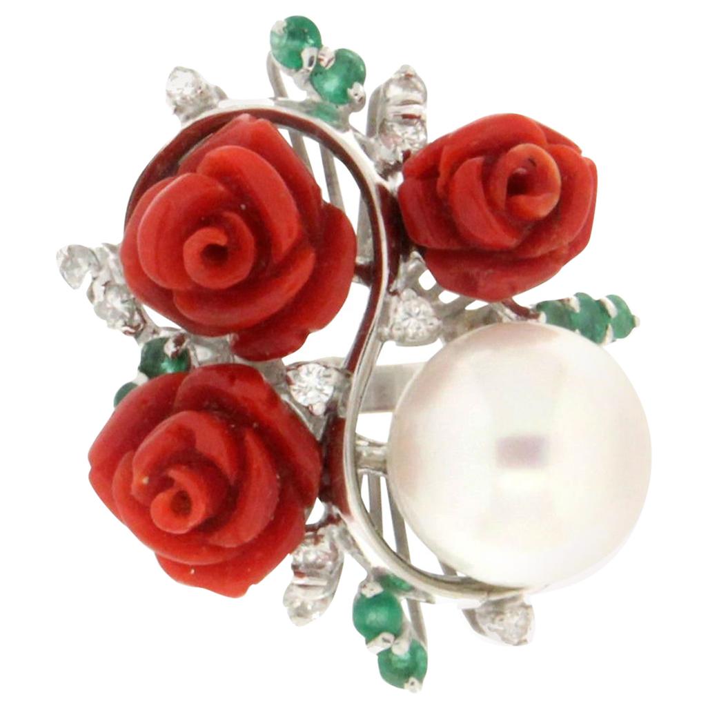 Handcraft Coral Flowers 18 Karat White Gold Pearl Diamonds Cocktail Ring