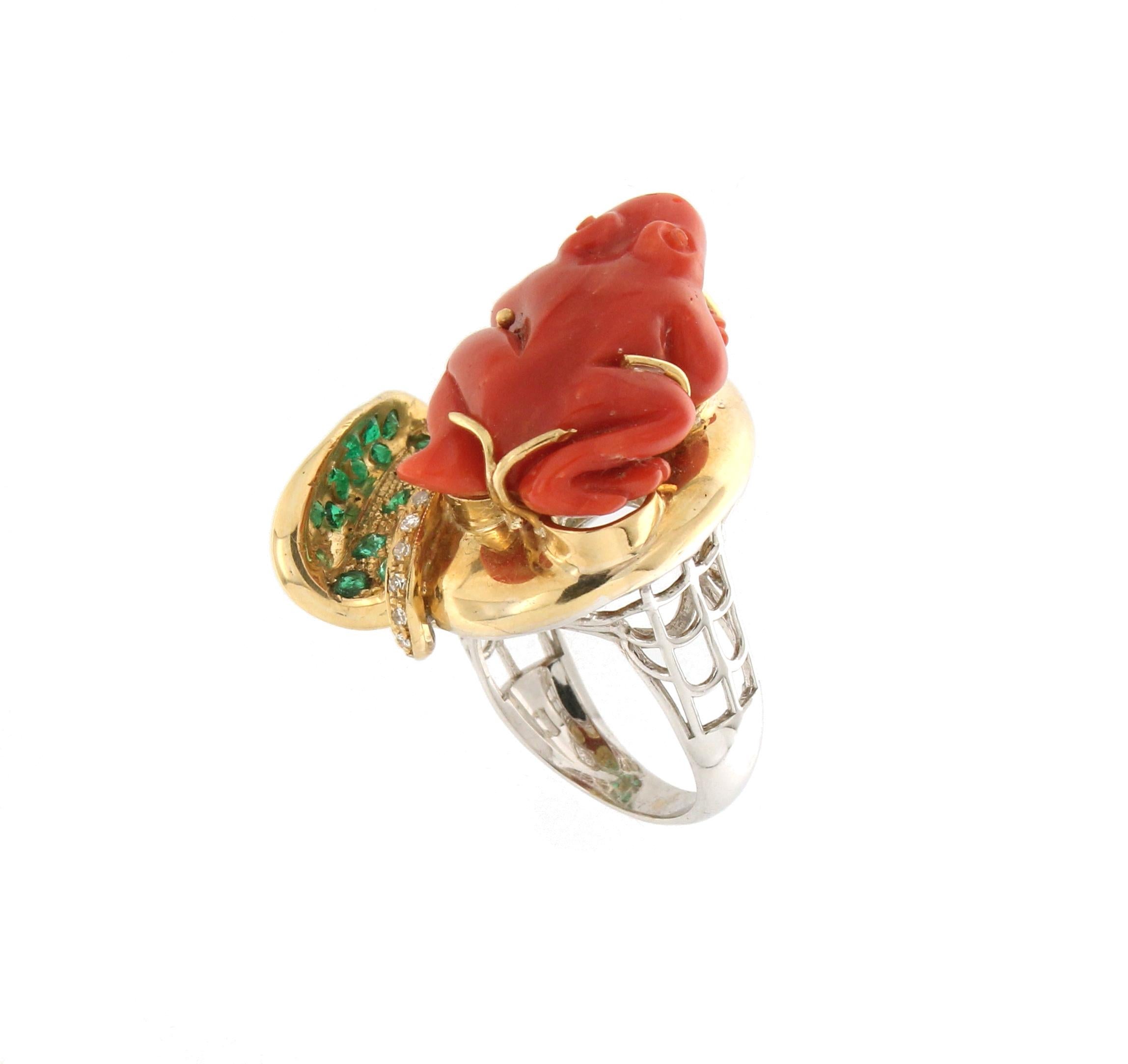Artisan Handcraft Coral Frog 18 Karat Gold Diamonds Emeralds Cocktail Ring For Sale