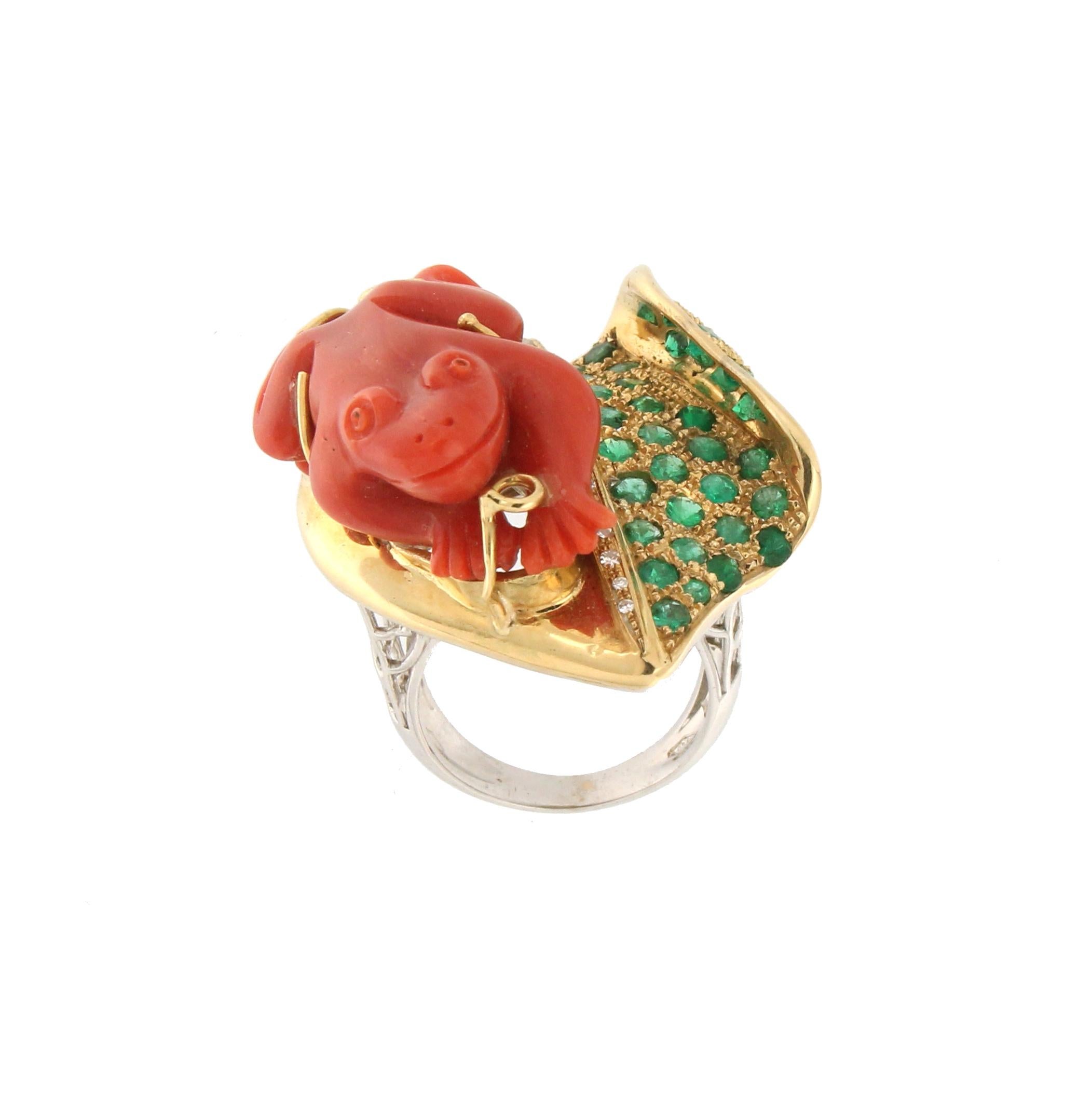 Brilliant Cut Handcraft Coral Frog 18 Karat Gold Diamonds Emeralds Cocktail Ring For Sale