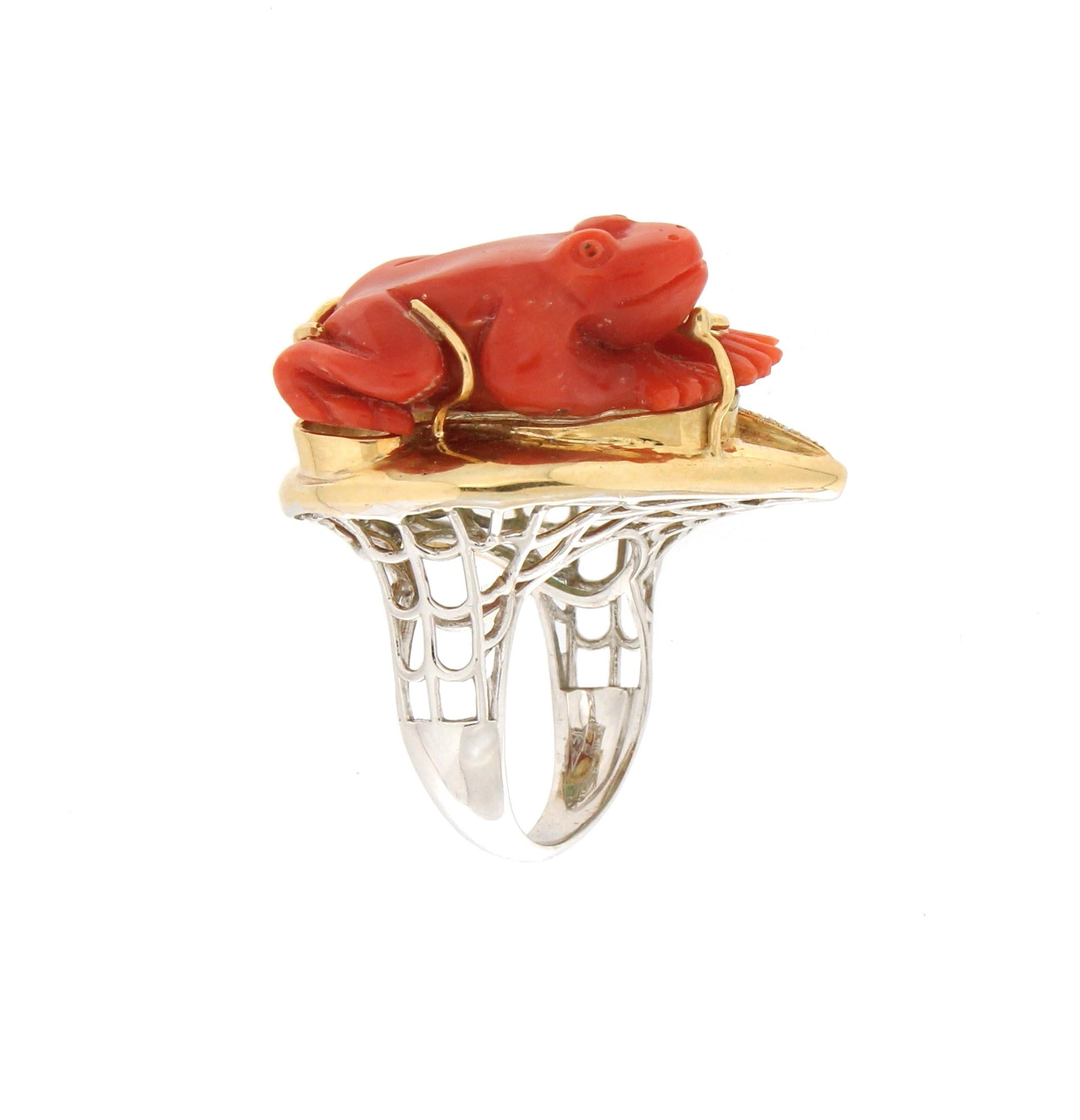 Women's or Men's Handcraft Coral Frog 18 Karat Gold Diamonds Emeralds Cocktail Ring For Sale