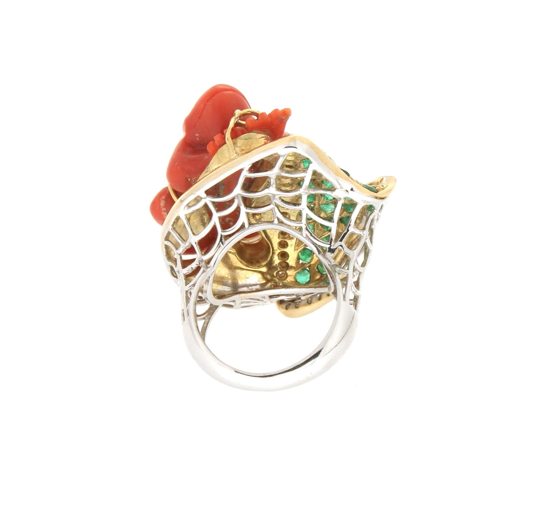 Handcraft Coral Frog 18 Karat Gold Diamonds Emeralds Cocktail Ring For Sale 1