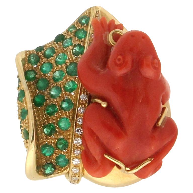 Handcraft Coral Frog 18 Karat Gold Diamonds Emeralds Cocktail Ring For Sale