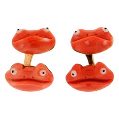 Handcraft Coral Frog 18 Karat Yellow Gold Cufflinks